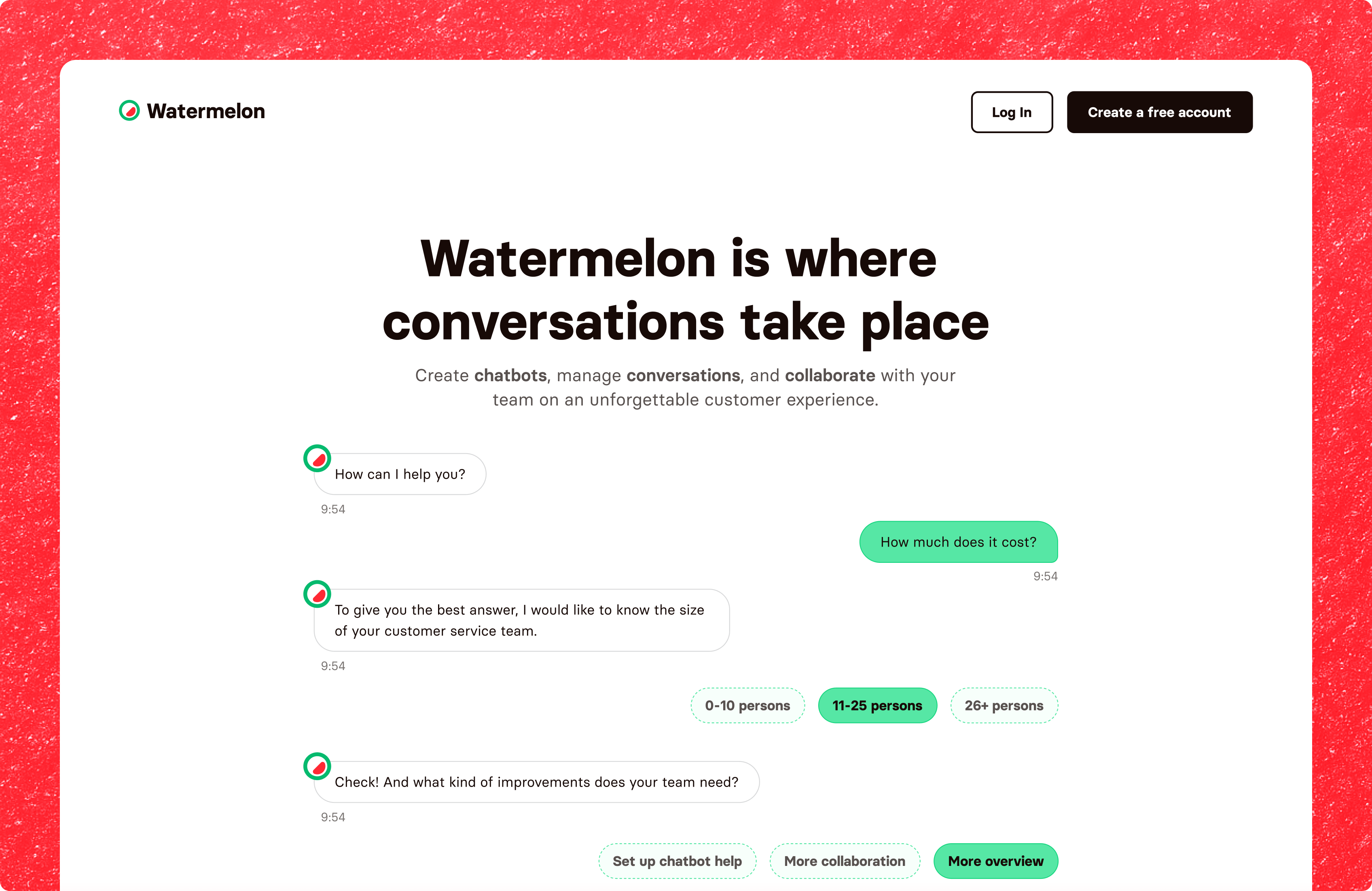 Screenshot of Watermelon’s homepage with a headline, “Watermelon is where conversations take place.” Sample chatbot conversations appear below, asking about help, pricing, team size, and improvements, with green answer buttons.