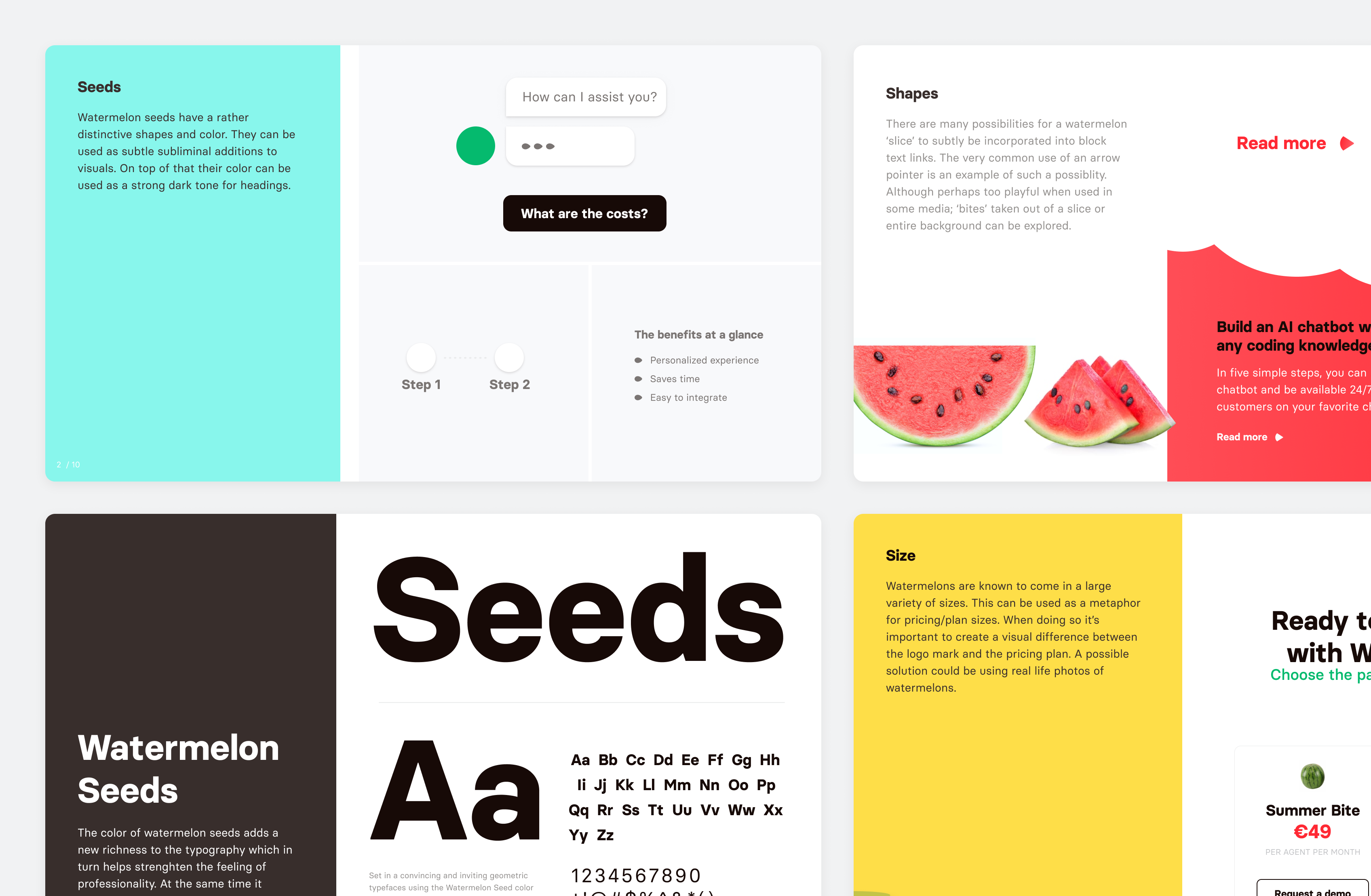 A modern, colorful web design layout featuring text about watermelon seeds, font samples, UI elements, watermelon images, and pricing details, displayed in organized, distinct sections on a clean background.