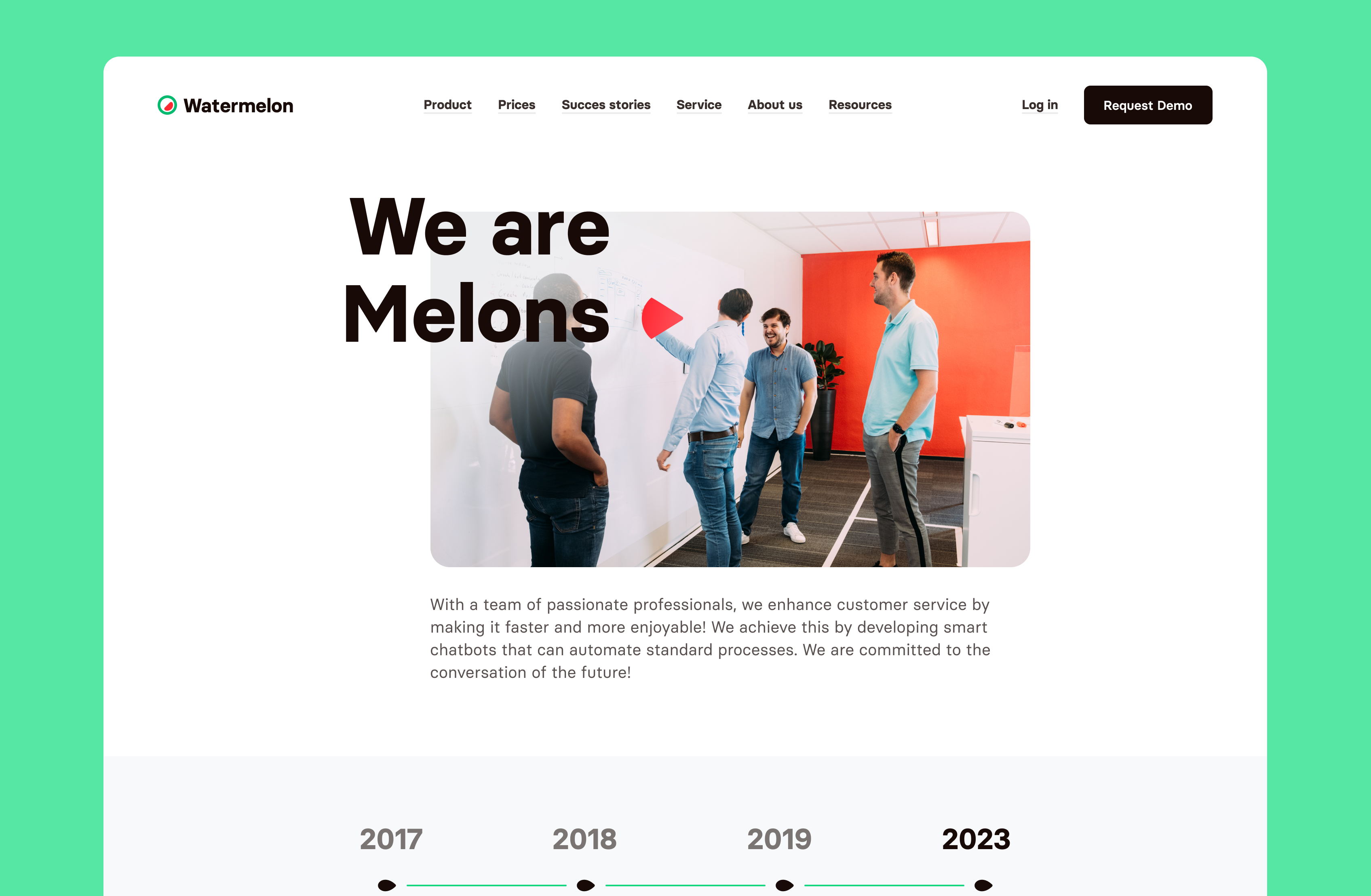A website homepage features the heading "We are Melons" next to a photo of four people talking in a modern office. The site menu and a "Request Demo" button appear at the top on a green background.