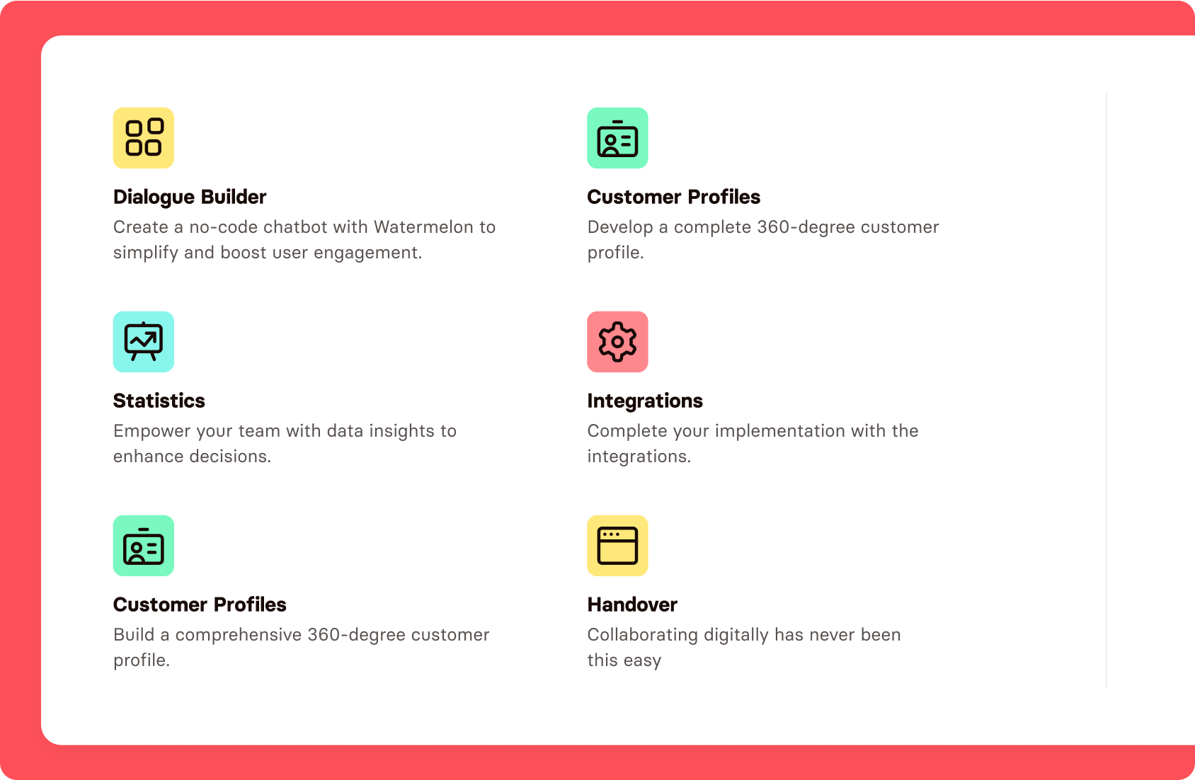 A digital interface displays six colored icons with descriptions for features: Dialogue Builder, Statistics, Customer Profiles, Integrations, Handover, and Customer Profiles, all within a red-bordered frame.