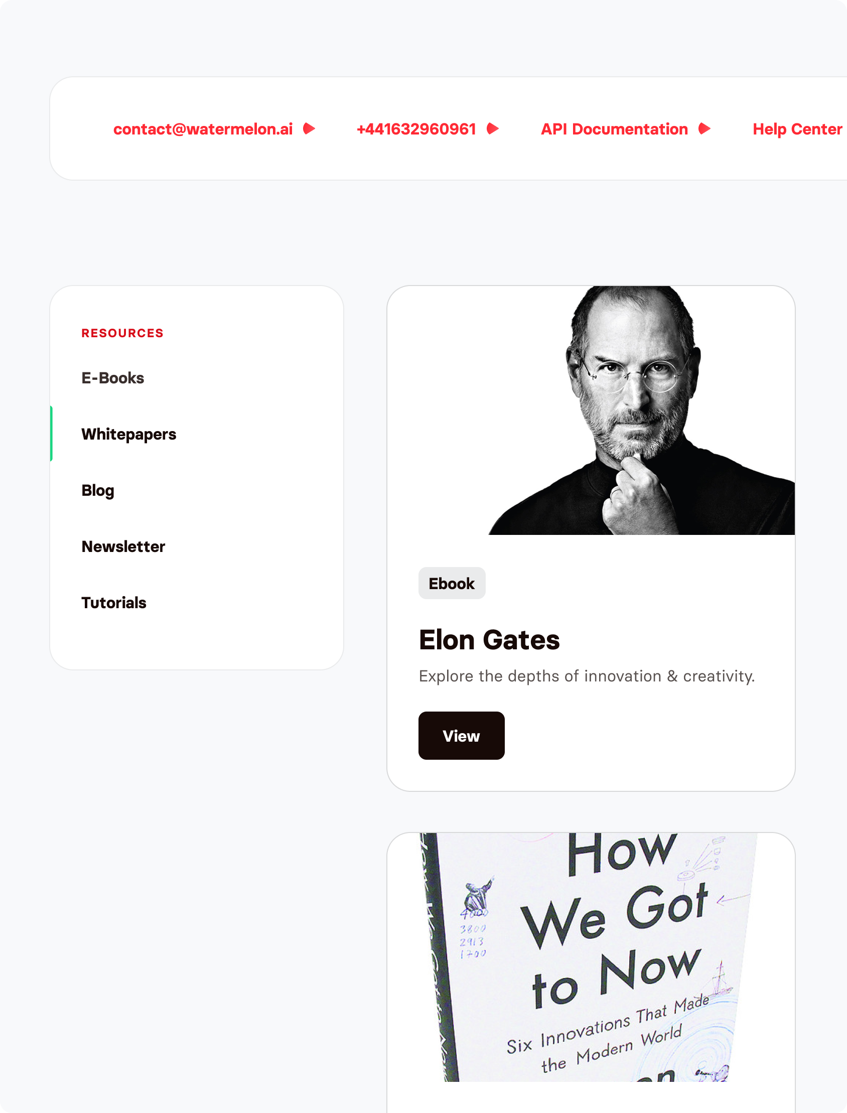 A website interface displays a menu with resource links on the left and a featured section on the right showing a black-and-white photo of a man labeled "Elon Gates," promoting an ebook about innovation and creativity.
