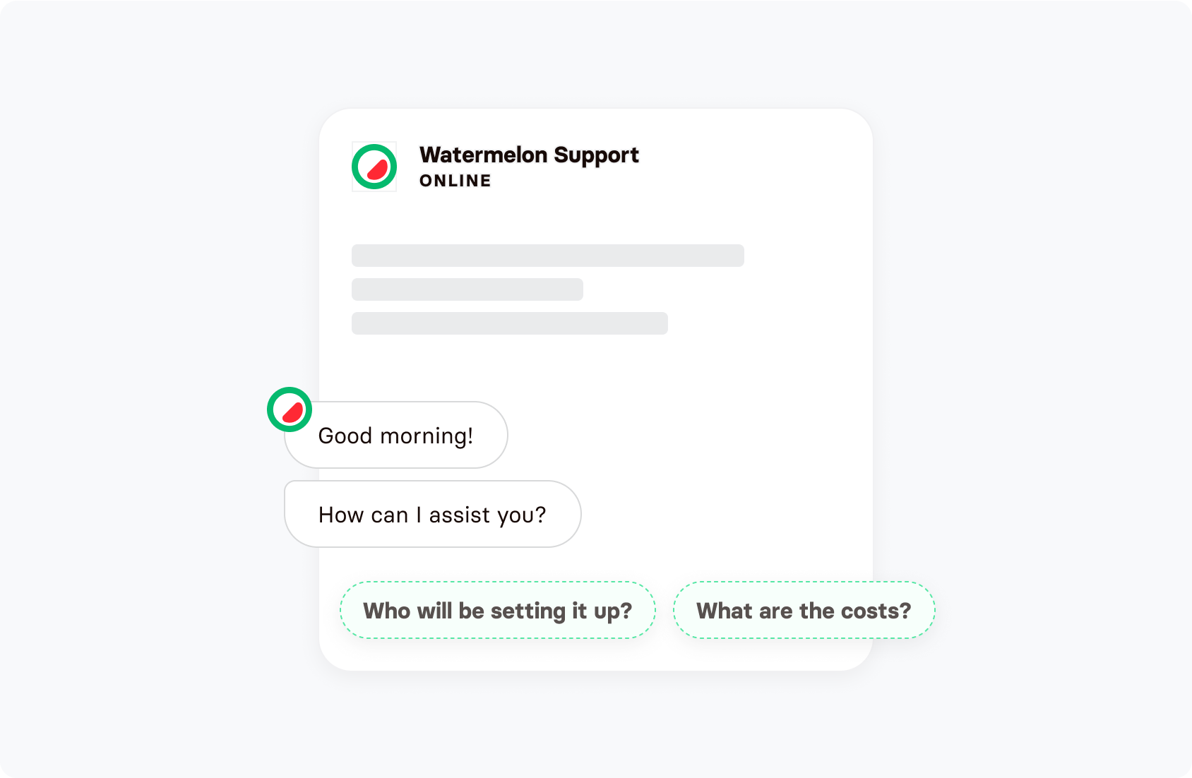 A chat window labeled "Watermelon Support ONLINE" displays messages: "Good morning!" and "How can I assist you?" with customer response options "Who will be setting it up?" and "What are the costs?".