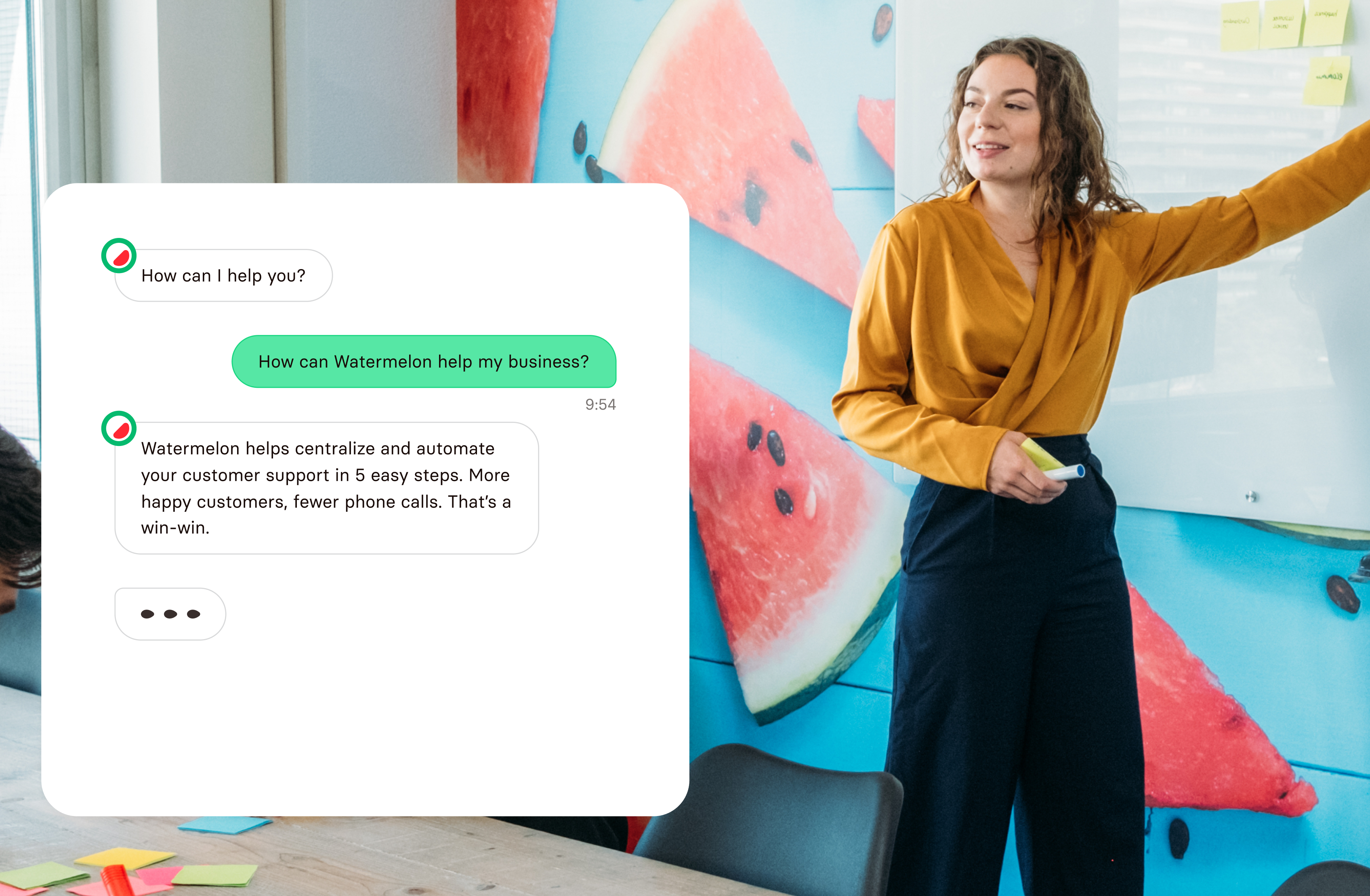 A woman in a mustard blouse stands by a whiteboard with watermelon art, smiling and holding a sticky note, while a chat window about Watermelon customer support is displayed in the foreground.