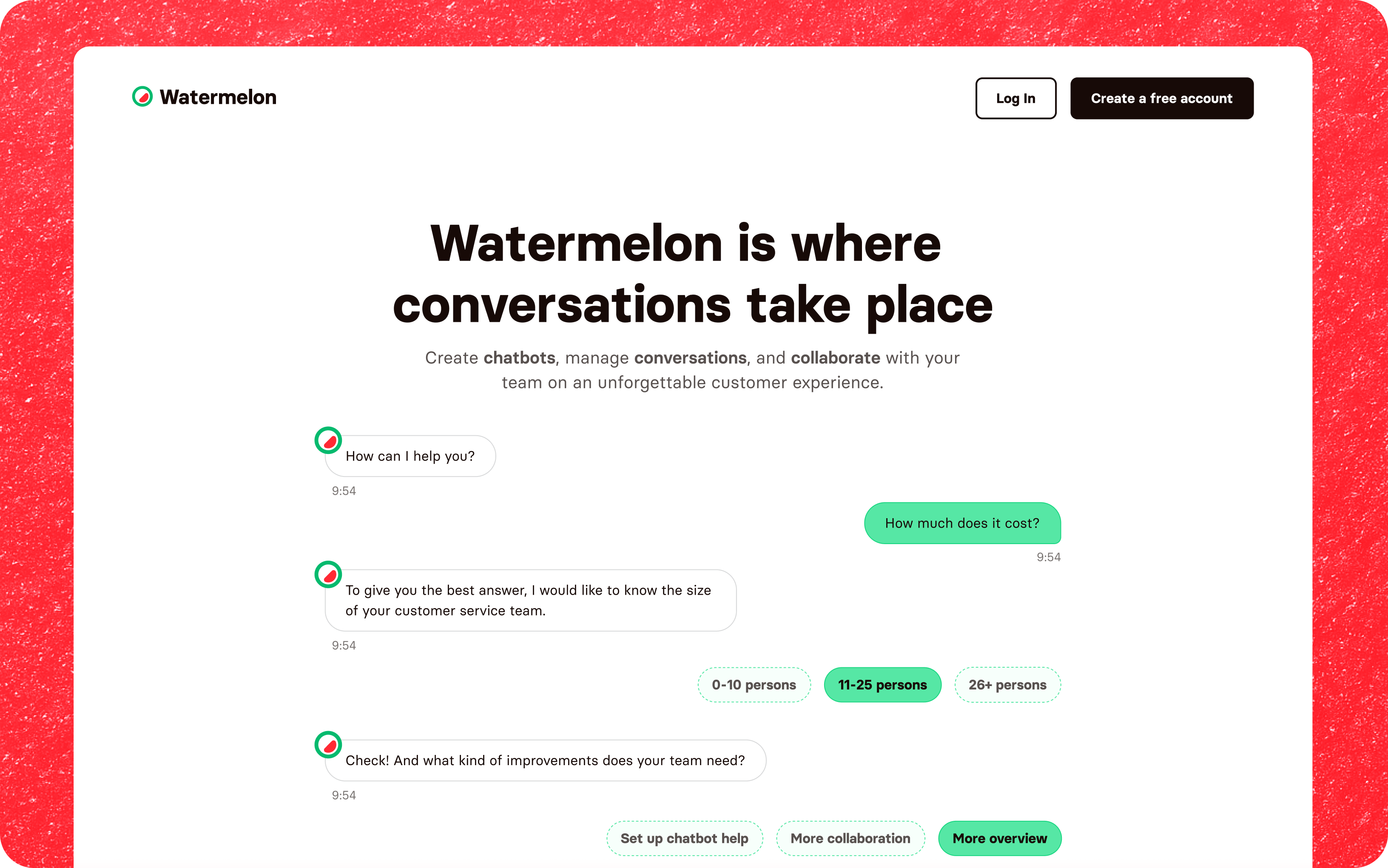 A website homepage for Watermelon shows a header reading, “Watermelon is where conversations take place.” Chatbot conversation samples and buttons for logging in or creating a free account appear on the page.