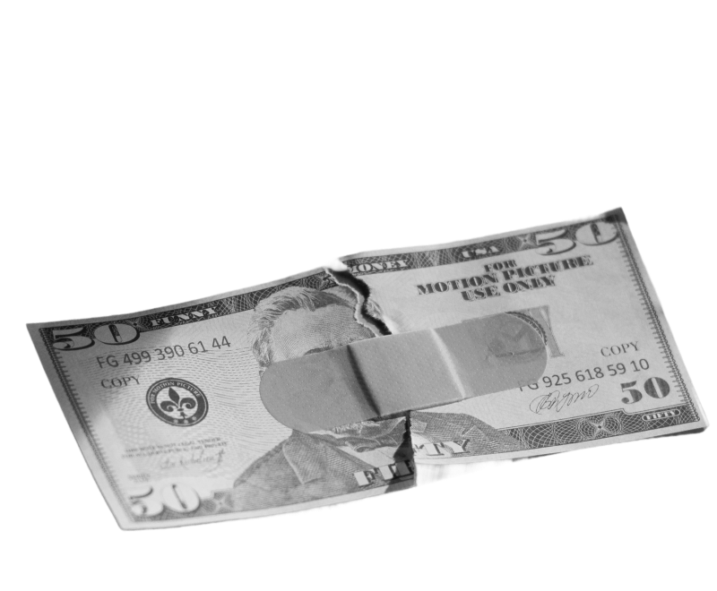 A torn $50 bill with a bandage placed over the tear, labeled "For Motion Picture Use Only," against a plain white background.