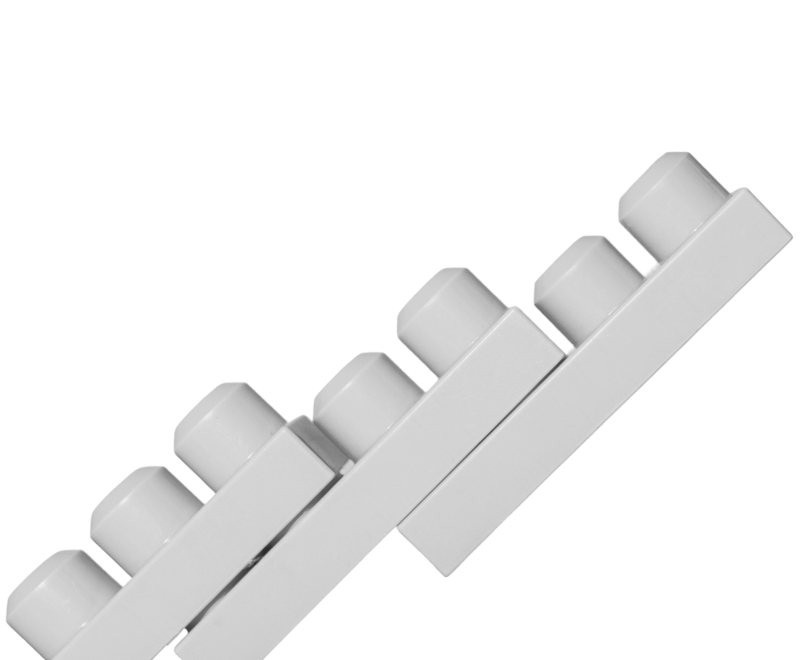 A close-up of two white LEGO bricks positioned diagonally, partially overlapping each other on a plain white background.