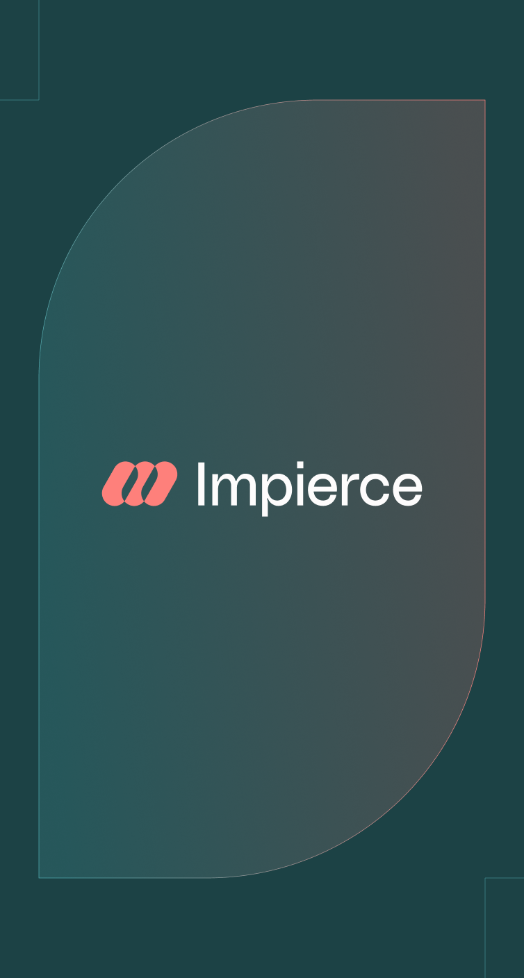 A dark teal background with a curved, translucent shape. In the center, a pink abstract logo appears next to the word "Impierce" in white text. Thin lines accentuate the curved design.