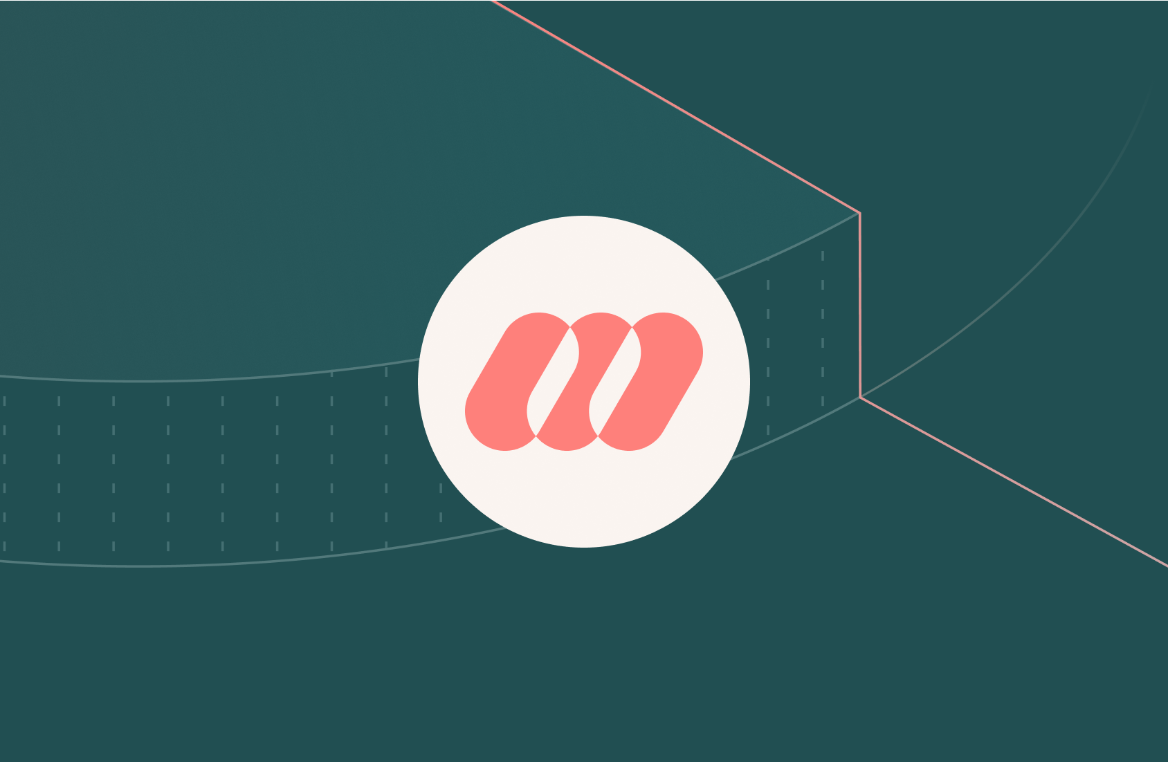 A white circle with a logomark in the center sits on a dark teal geometric background with subtle lines and curves.