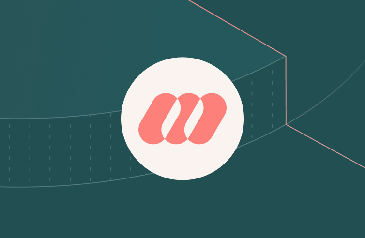 A white circle with a logomark in the center sits on a dark teal geometric background with subtle lines and curves.