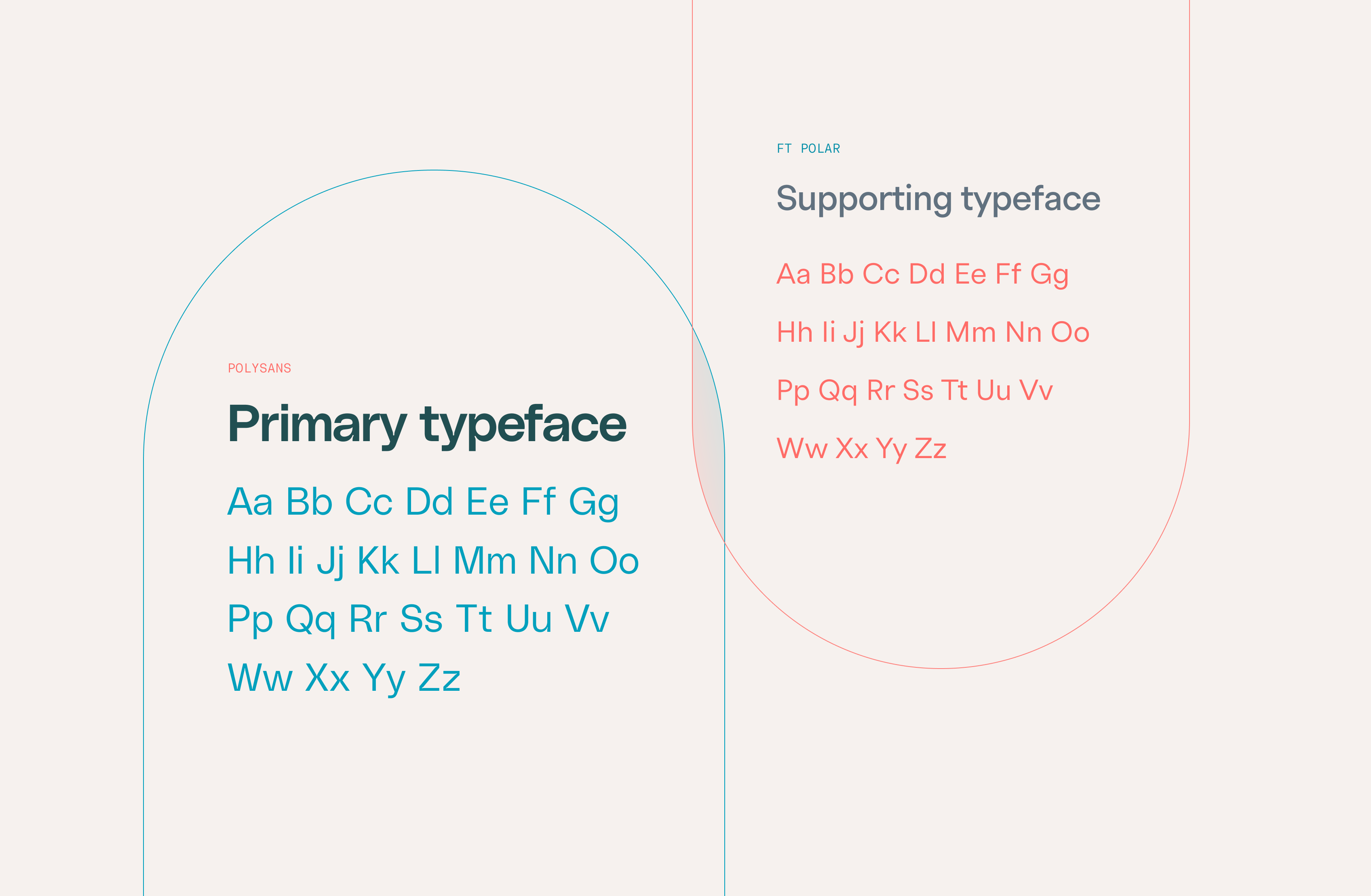 A graphic showing two typefaces: "Primary typeface" in bold blue letters with a full alphabet below, and "Supporting typeface" in light red letters with its own alphabet, each inside overlapping rounded shapes.