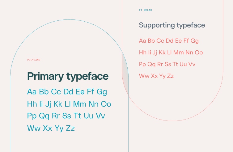 A graphic showing two typefaces: "Primary typeface" in bold blue letters with a full alphabet below, and "Supporting typeface" in light red letters with its own alphabet, each inside overlapping rounded shapes.