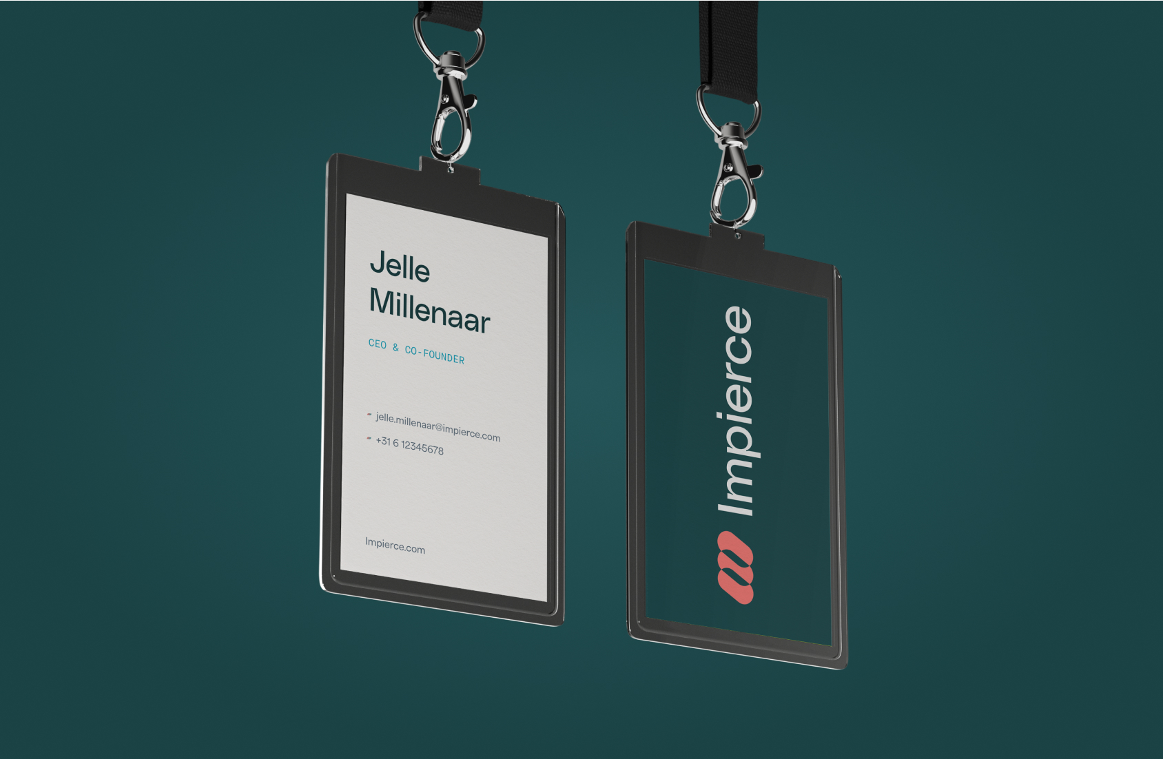 Two ID badges with black lanyards are displayed against a teal background. One badge shows contact details for Jelle Millenaar, CEO & Co-founder; the other displays the Impierce logo and name vertically.