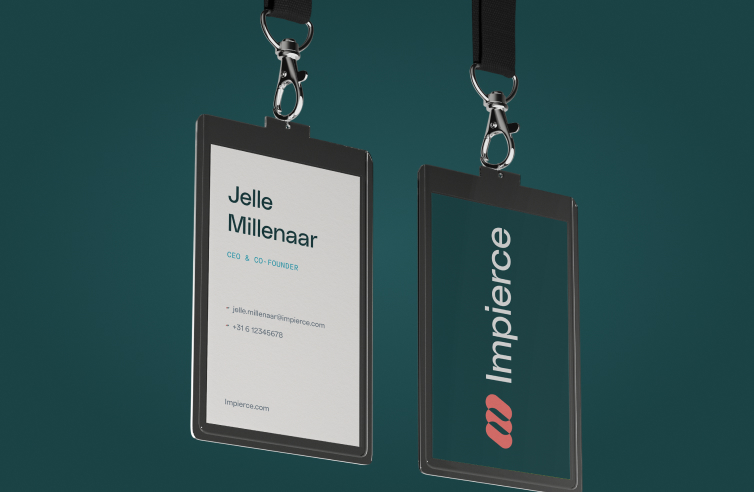 Two ID badges with black lanyards are displayed against a teal background. One badge shows contact details for Jelle Millenaar, CEO & Co-founder; the other displays the Impierce logo and name vertically.
