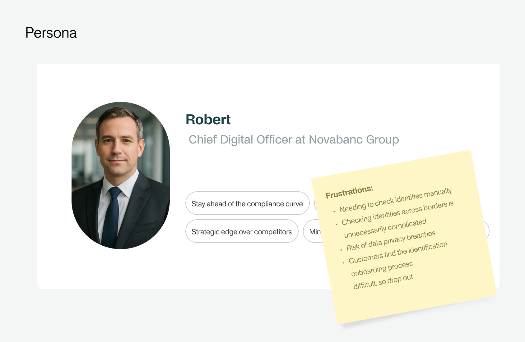 A card depicting a persona. The persona card shows a professional profile for Robert, Chief Digital Officer at Novabanc Group, with a headshot, key priorities, and a yellow sticky note listing frustrations like manual identity checks and data privacy risks.