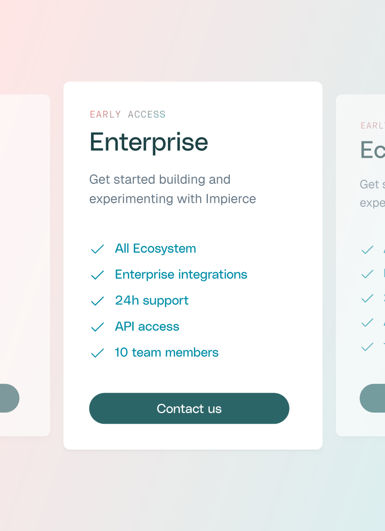 A pricing card for the "Enterprise" plan. It offers all ecosystem features, enterprise integrations, 24h support, API access, and access for 10 team members. There is a "Contact us" button at the bottom.