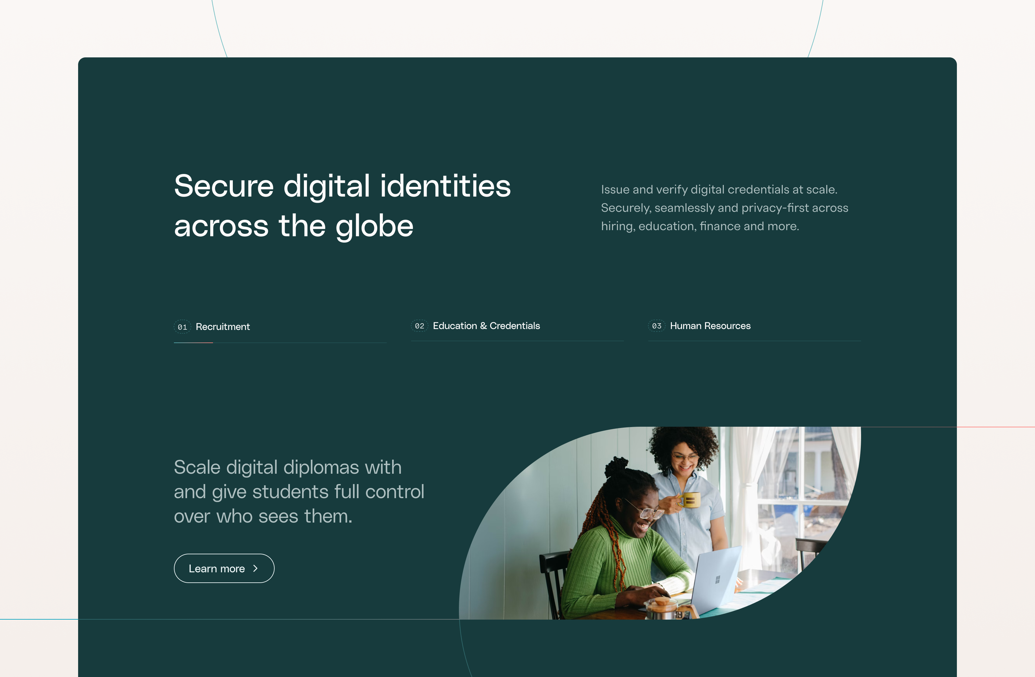 A website section with the text "Secure digital identities across the globe" and options for Recruitment, Education & Credentials, and Human Resources. Below, two women smile at a laptop in a bright room with a "Learn more" button.