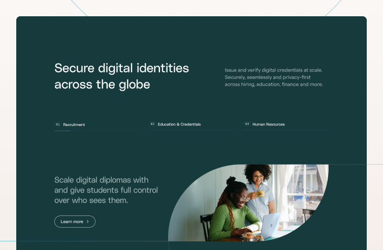 A website section with the text "Secure digital identities across the globe" and options for Recruitment, Education & Credentials, and Human Resources. Below, two women smile at a laptop in a bright room with a "Learn more" button.