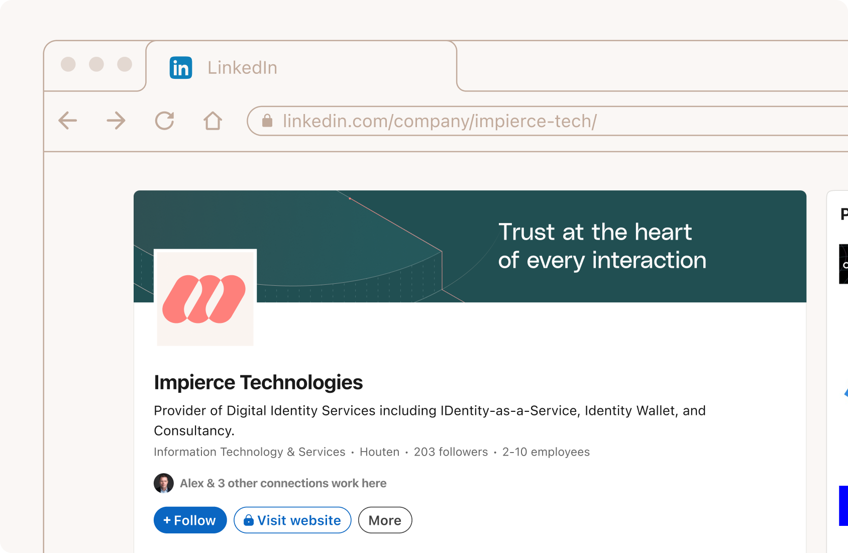 Screenshot of Impierce Technologies' LinkedIn page showing their logo, company description, and a banner with the text "Trust at the heart of every interaction." There are options to follow and visit their website.