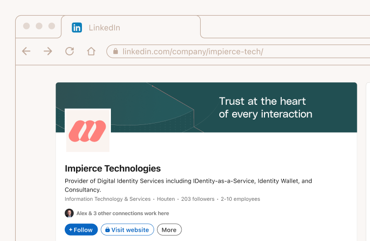 Screenshot of Impierce Technologies' LinkedIn page showing their logo, company description, and a banner with the text "Trust at the heart of every interaction." There are options to follow and visit their website.