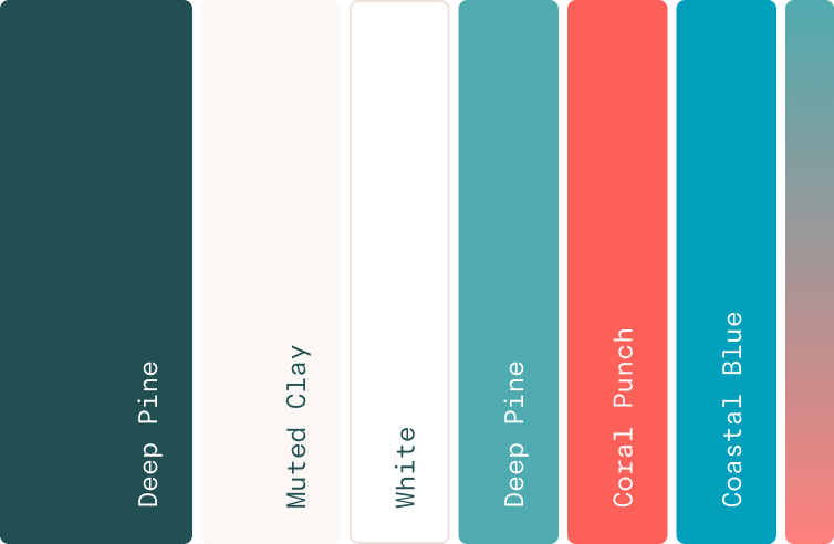 A color palette showing five vertical swatches labeled: Deep Pine (#214F52, teal), Muted Clay (#F4F3F0, light beige), White (#FFFFFF), Coral Punch (#FC615D, coral), and Coastal Blue (#04A8B0, blue).