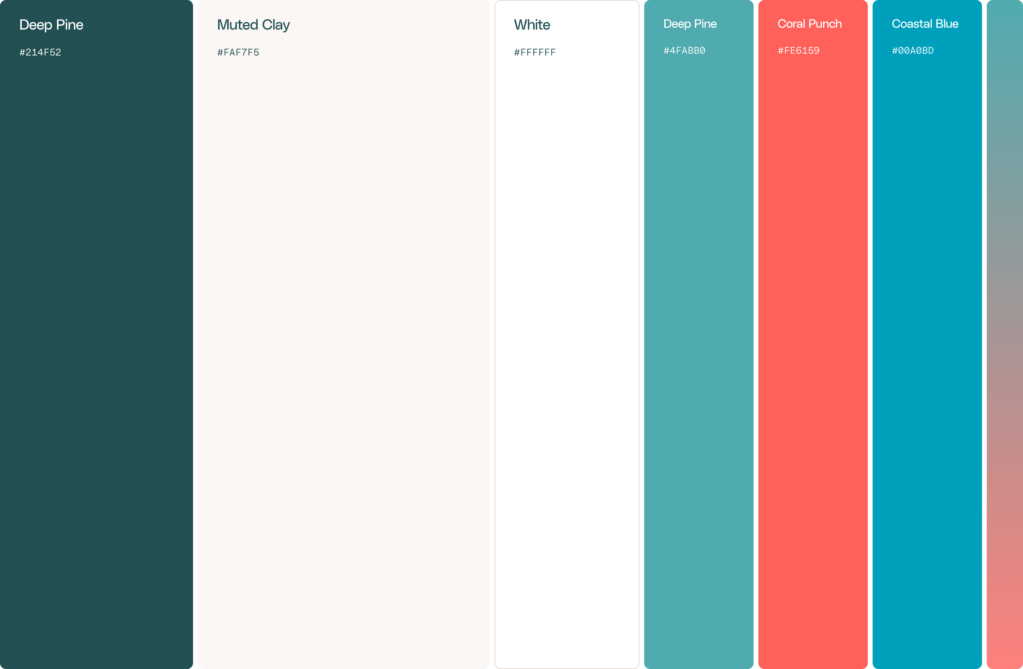 A color palette showing five vertical swatches labeled: Deep Pine (#214F52, teal), Muted Clay (#F4F3F0, light beige), White (#FFFFFF), Coral Punch (#FC615D, coral), and Coastal Blue (#04A8B0, blue).