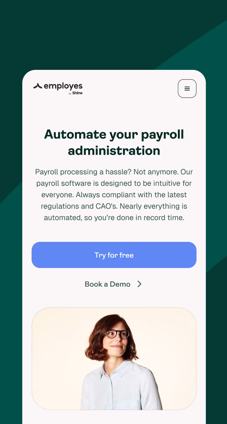 A mobile app screen for "employes" payroll software features a headline about automating payroll, a "Try for free" button, a "Book a Demo" link, and a photo of a woman with glasses looking to the side.