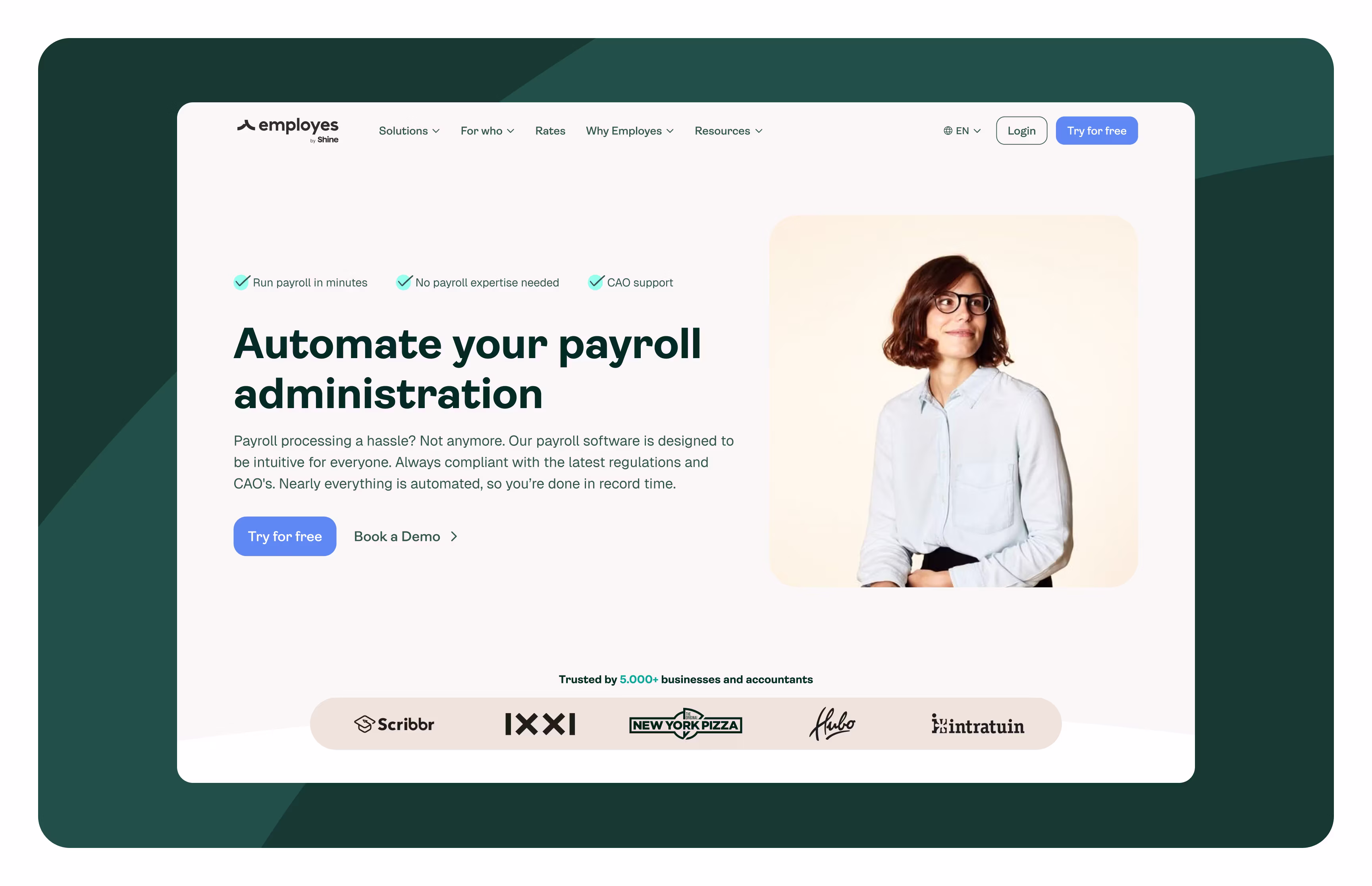 A website homepage for Employes shows a headline, "Automate your payroll administration," with a photo of a woman wearing glasses and a light blue shirt, and logos of featured companies at the bottom.