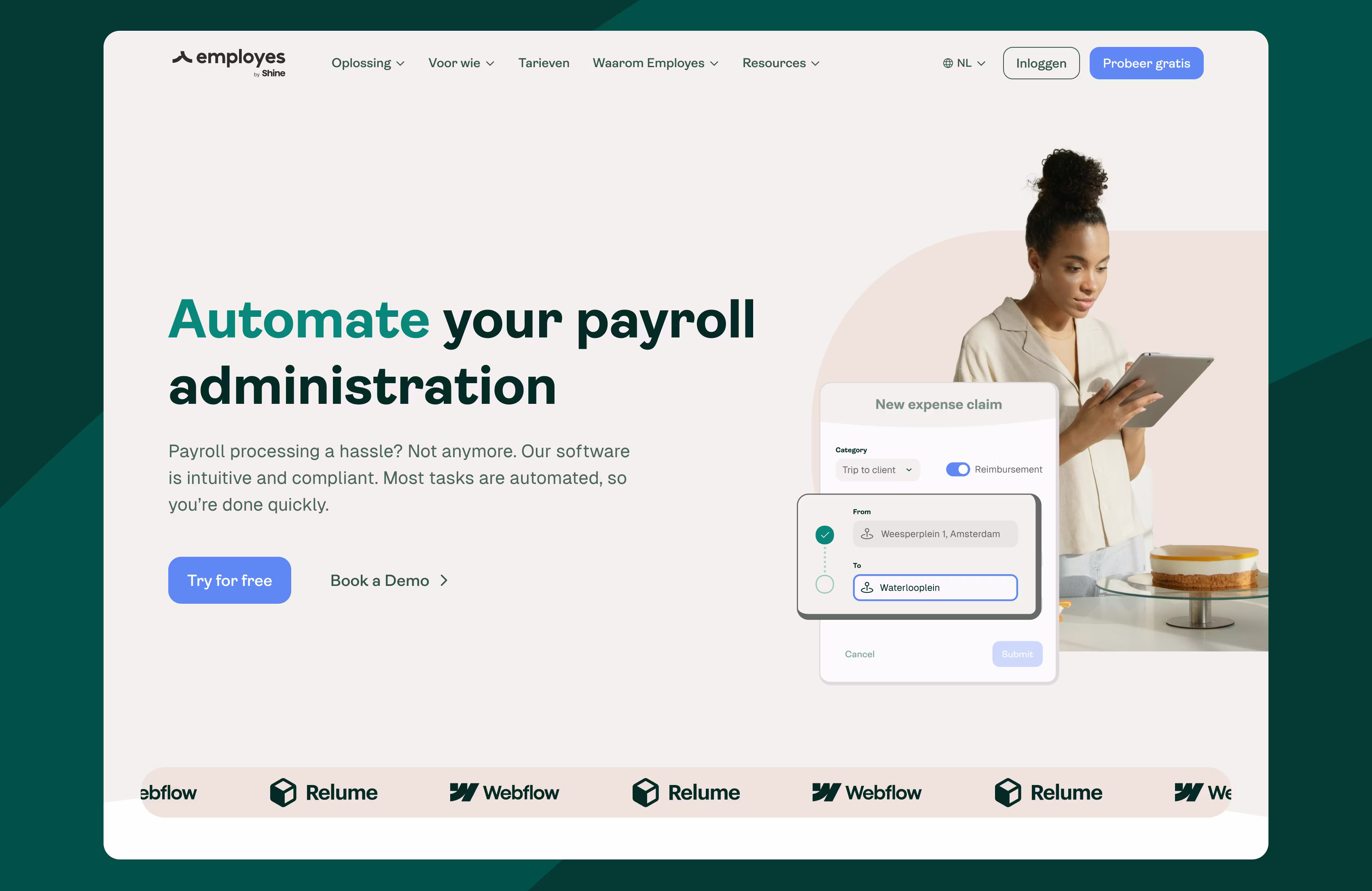 A website landing page for a payroll automation service features a woman in glasses and a light shirt smiling against a beige background, with promotional text, call-to-action buttons, and partner logos below.