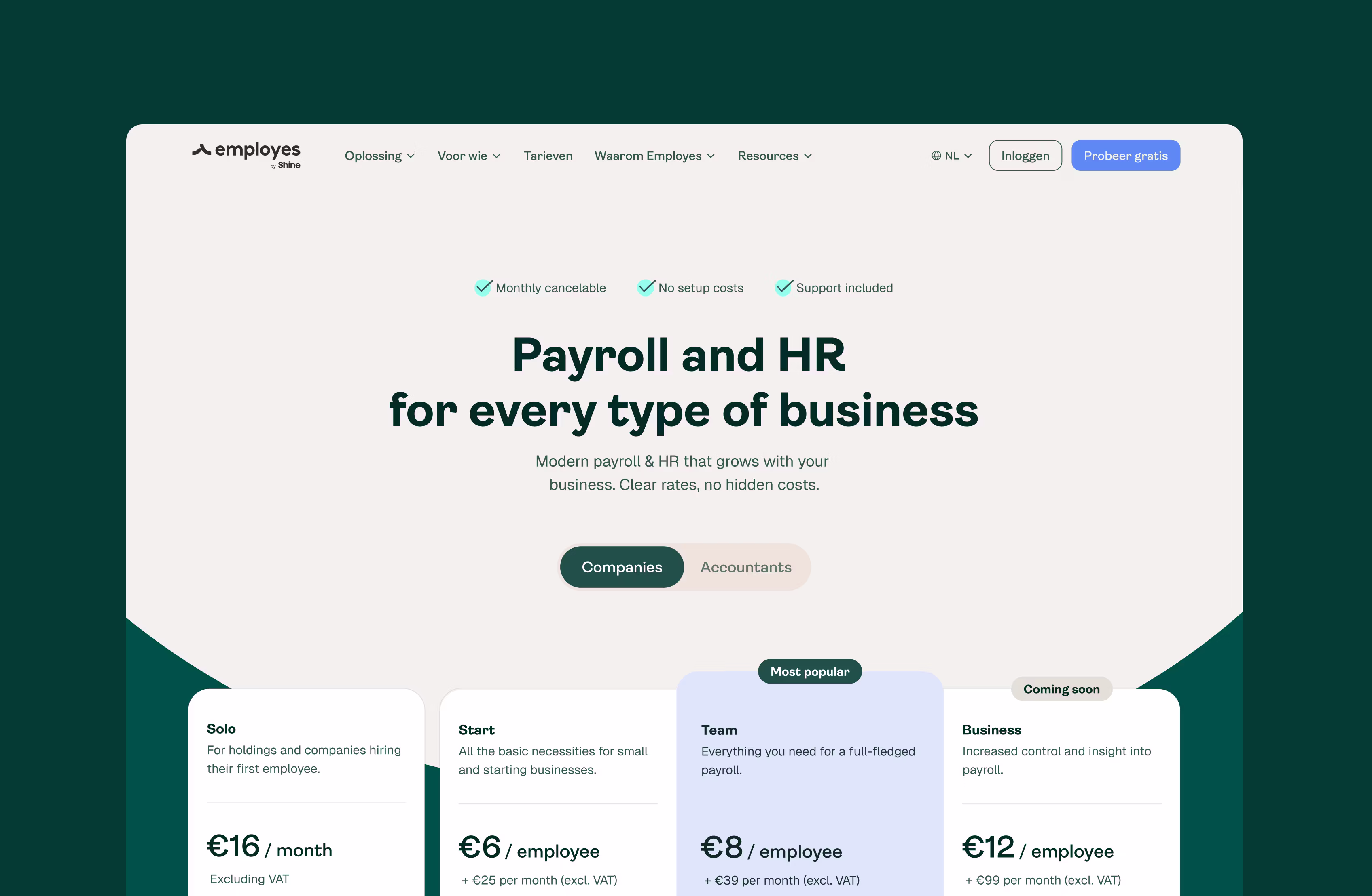 A website homepage for a payroll and HR service, showing pricing plans for Solo, Start, Team, and Business tiers. The design uses green and cream colors, with call-to-action buttons and plan details visible.