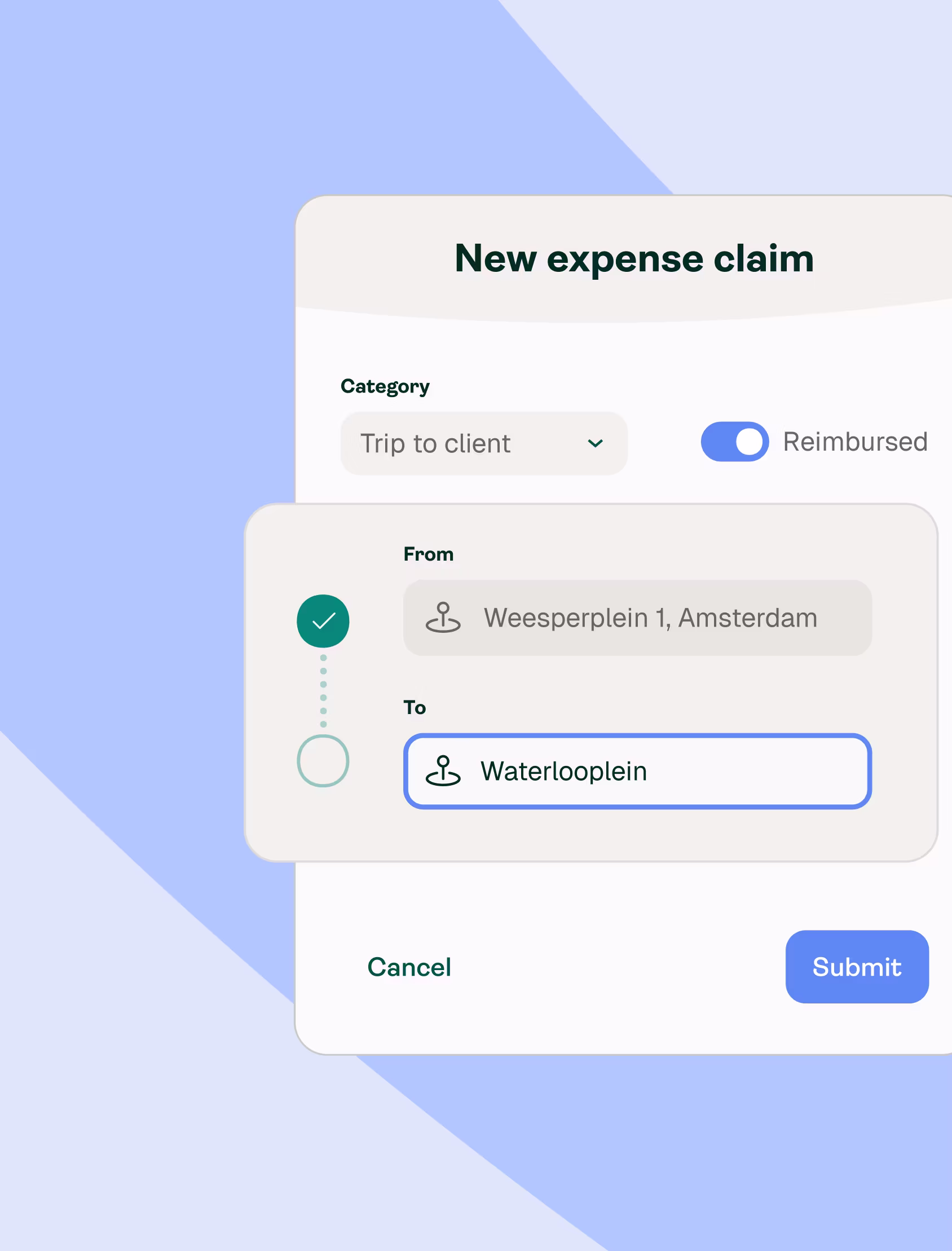 A digital form for submitting a new expense claim, showing "Trip to client" as the category, "Reimbursed" toggled on, trip from Weesperplein 1, Amsterdam to Waterlooplein, and Cancel and Submit buttons.