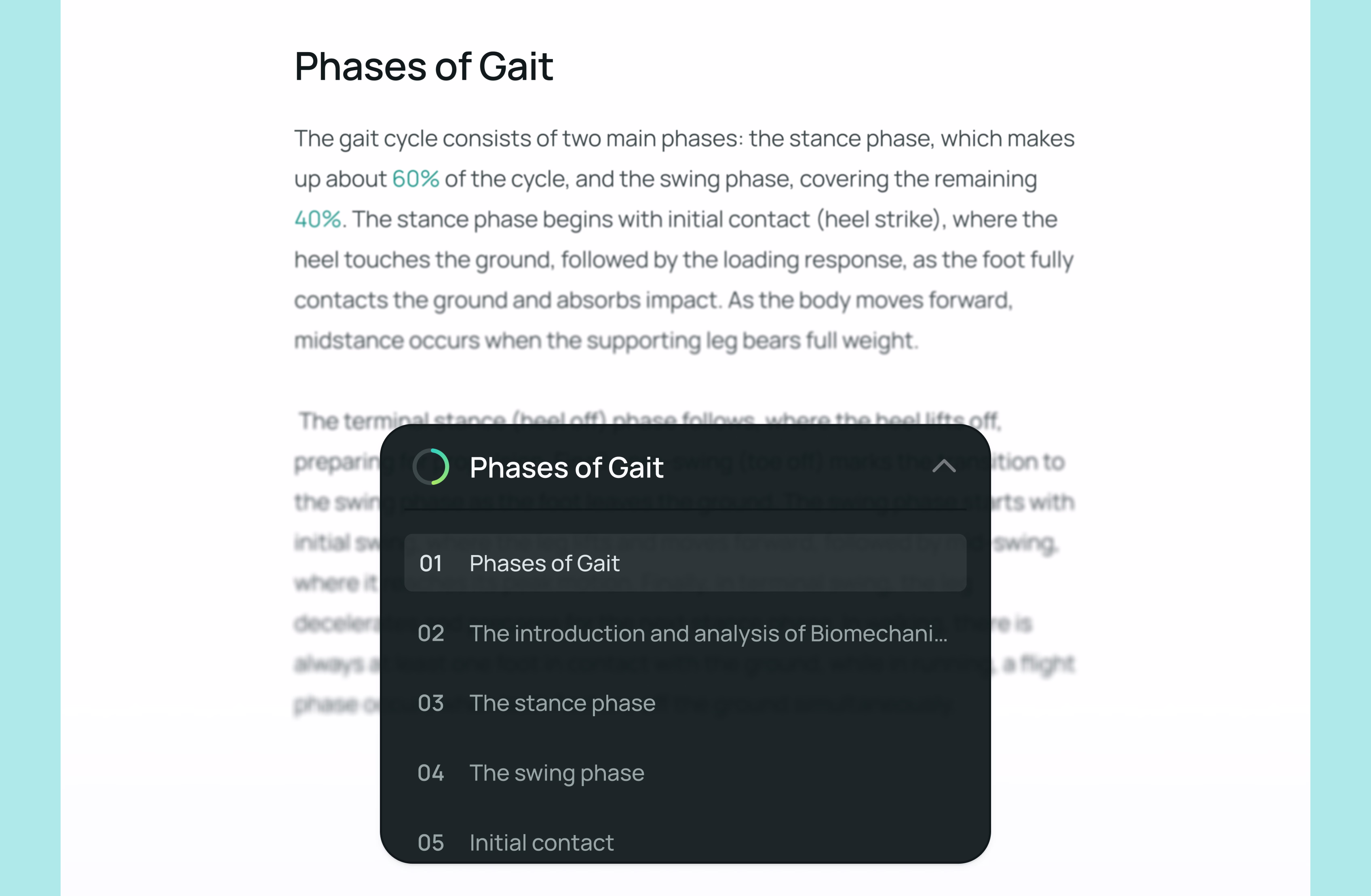 Screenshot showing a webpage titled "Phases of Gait" with descriptive text about gait phases. A dark overlay displays a menu listing: Phases of Gait, The introduction and analysis of Biomechani..., The stance phase, The swing phase, and Initial contact.