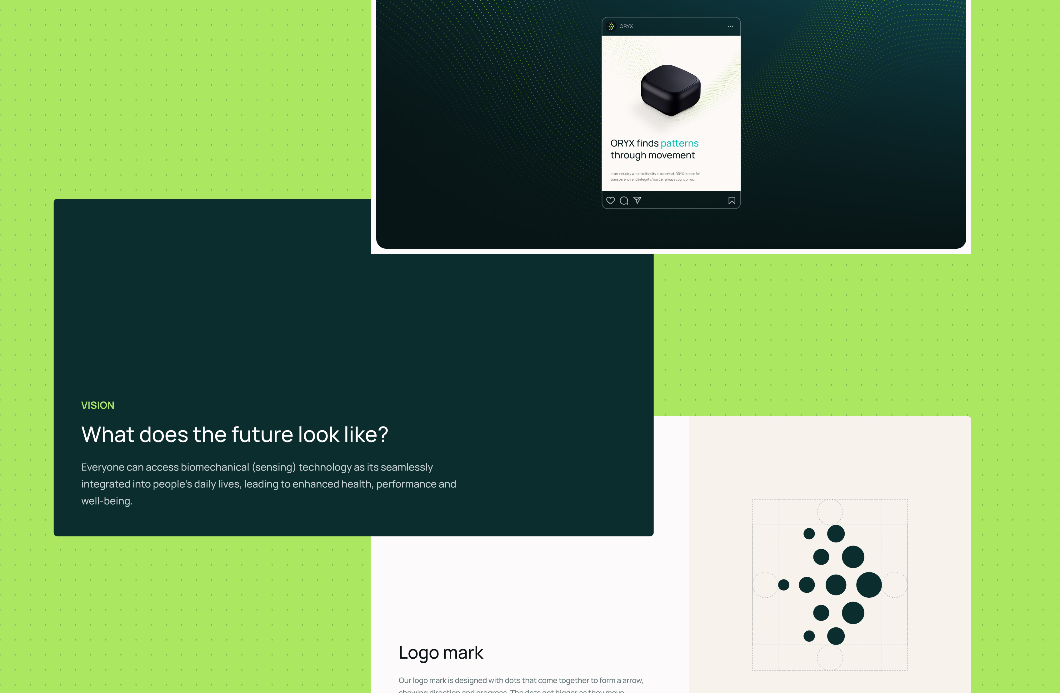 A digital collage features a tech product mockup, the text "What does the future look like?", and a geometric logo mark, all on a green and off-white background with dotted patterns.