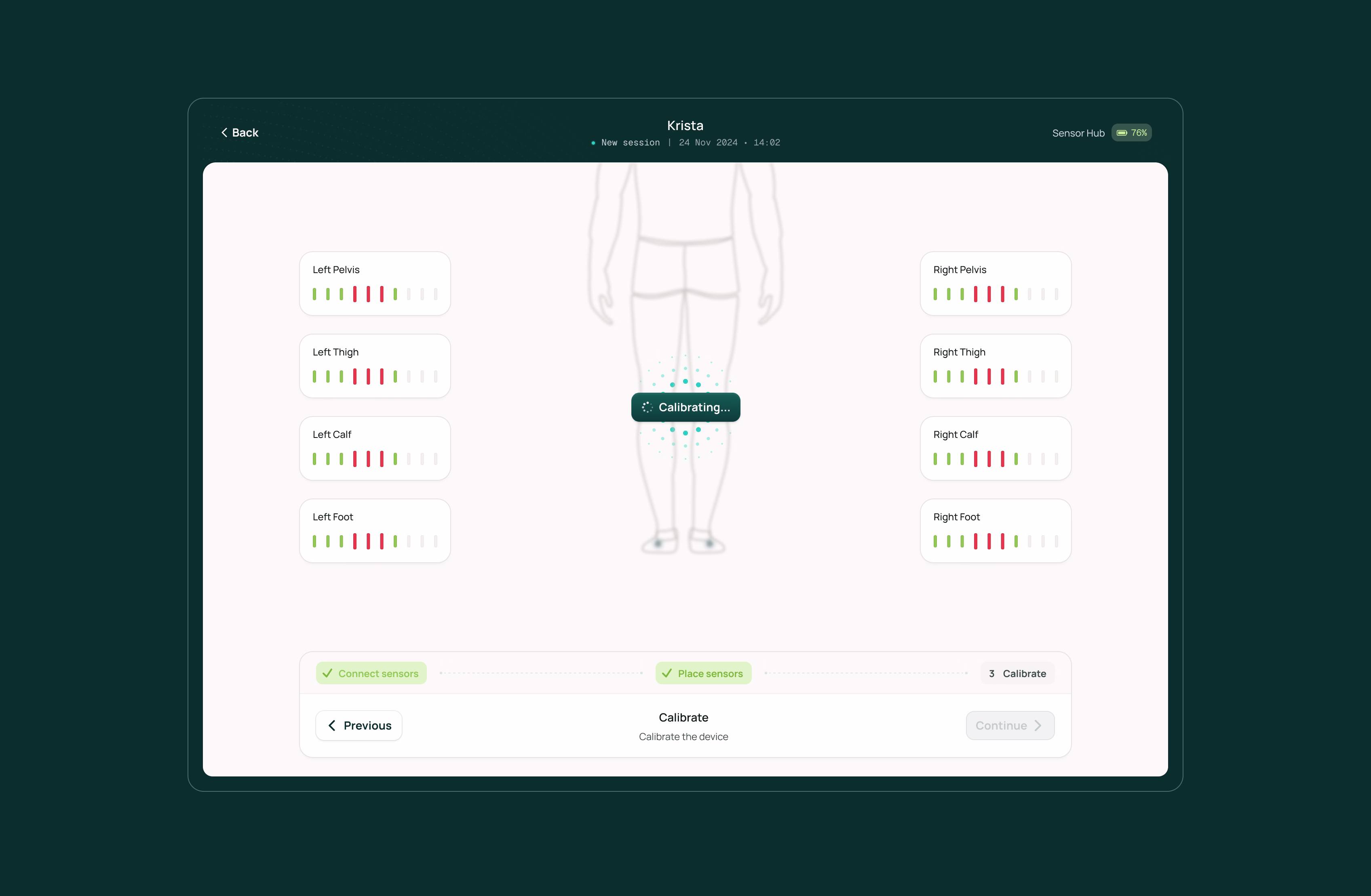 A calibration screen from a sensor app shows a human outline with sensor areas on limbs, calibration status in the center, and signal strength bars for left/right limbs. Controls for connecting and calibrating sensors are at the bottom.