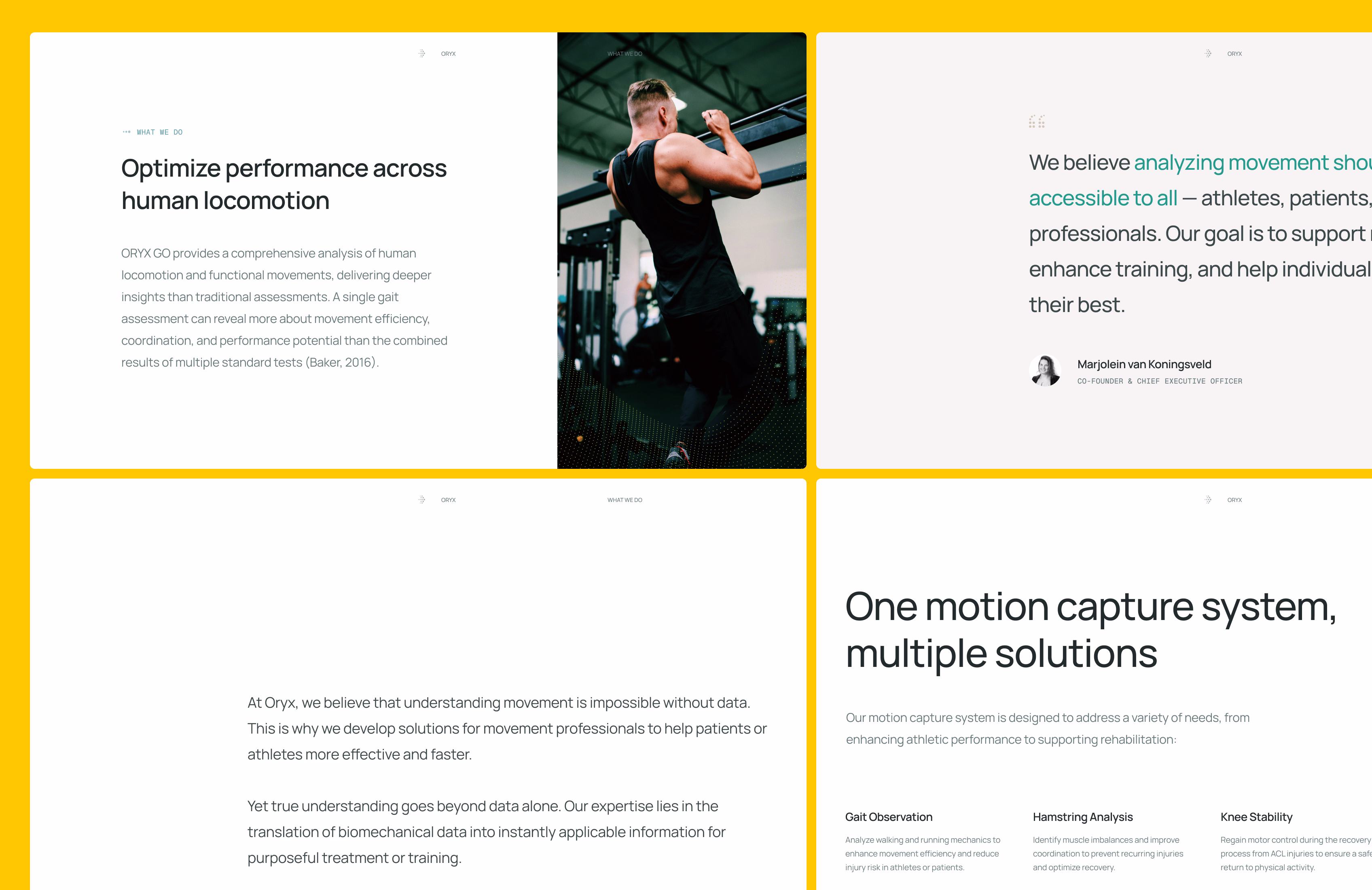 A website layout featuring blocks of text on human movement optimization, a woman doing pull-ups in a gym, a testimonial, and details on a motion capture system. The design uses white backgrounds with yellow borders and black text.