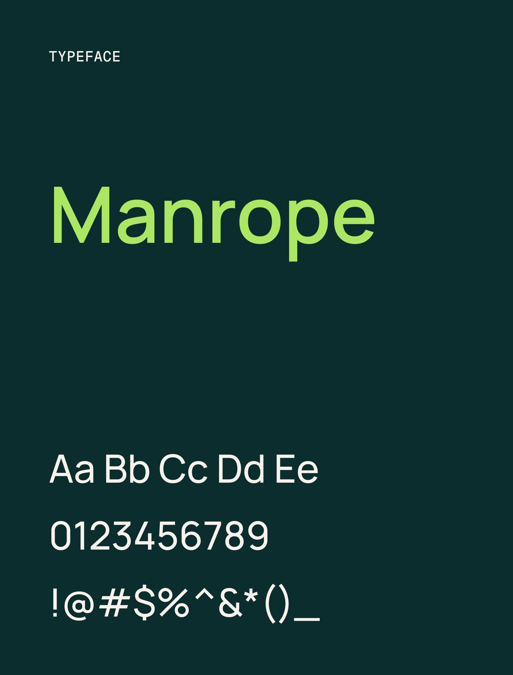 Sample of the "Manrope" typeface shown on a dark green background, featuring the word "Manrope" in large light green letters, uppercase and lowercase alphabet, numbers, and symbols in white.