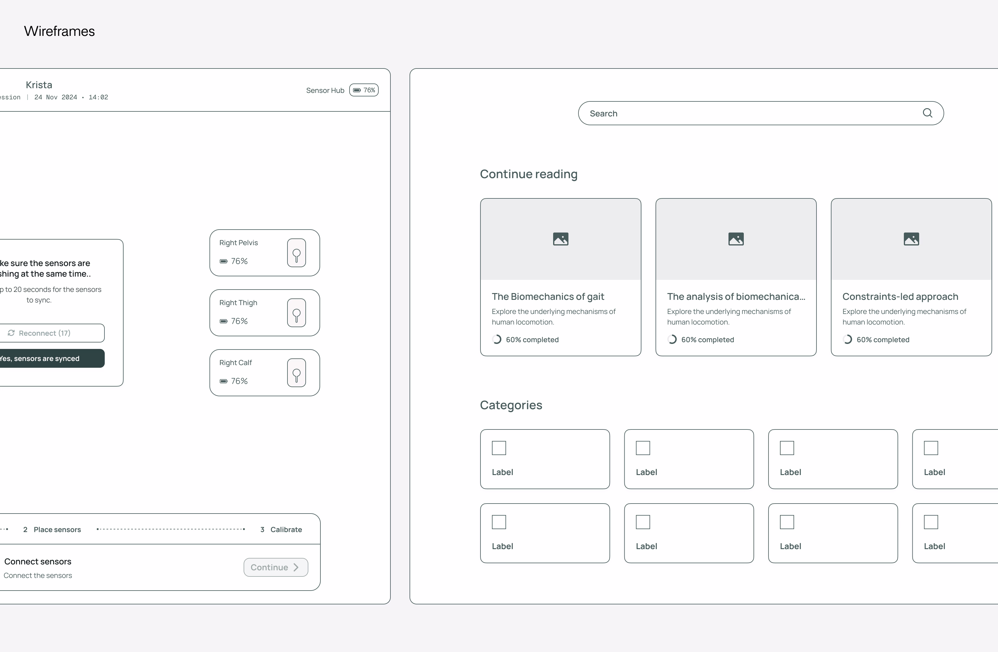 A wireframe of a website interface with two main sections: a sidebar for sensor connection and calibration on the left, and a dashboard on the right showing a search bar, progress cards, and category labels.