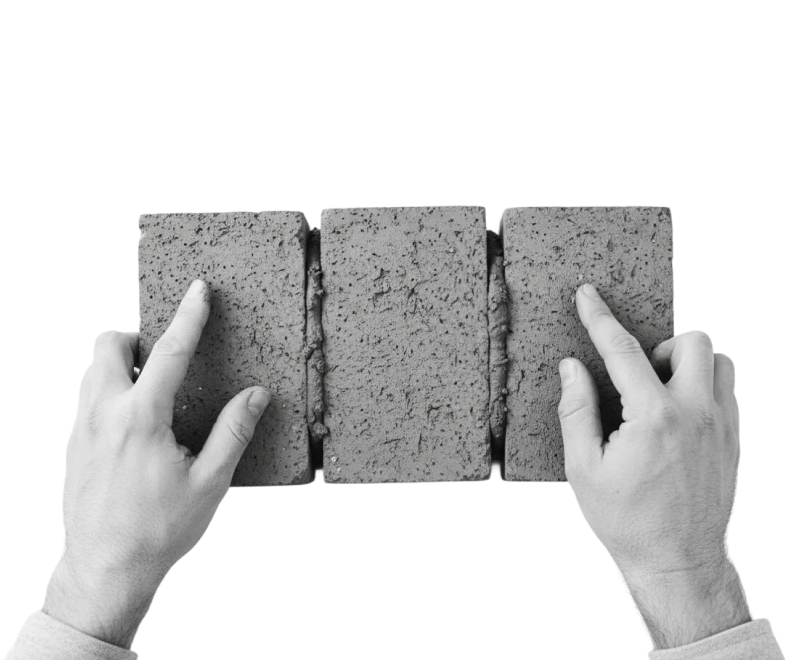 Two hands are placing or touching three textured rectangular bricks arranged side by side on a plain, light background.