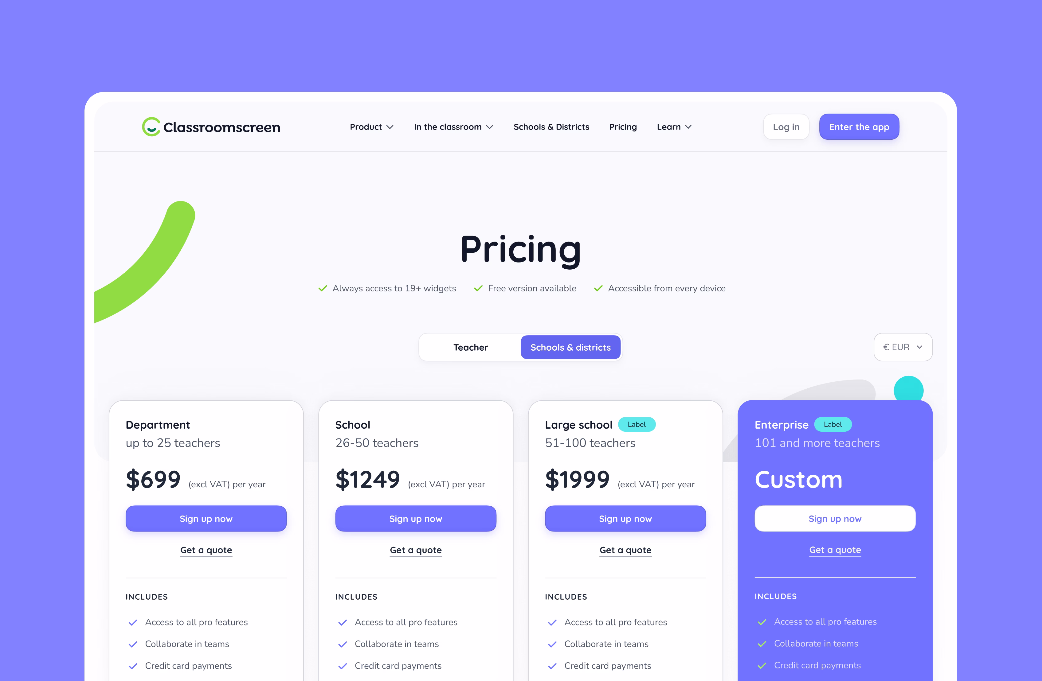 A pricing page for ClassroomScreen shows four subscription plans: Department ($699), School ($1249), Large school ($1999), and Enterprise (custom pricing), each with features and sign up buttons on a purple background.