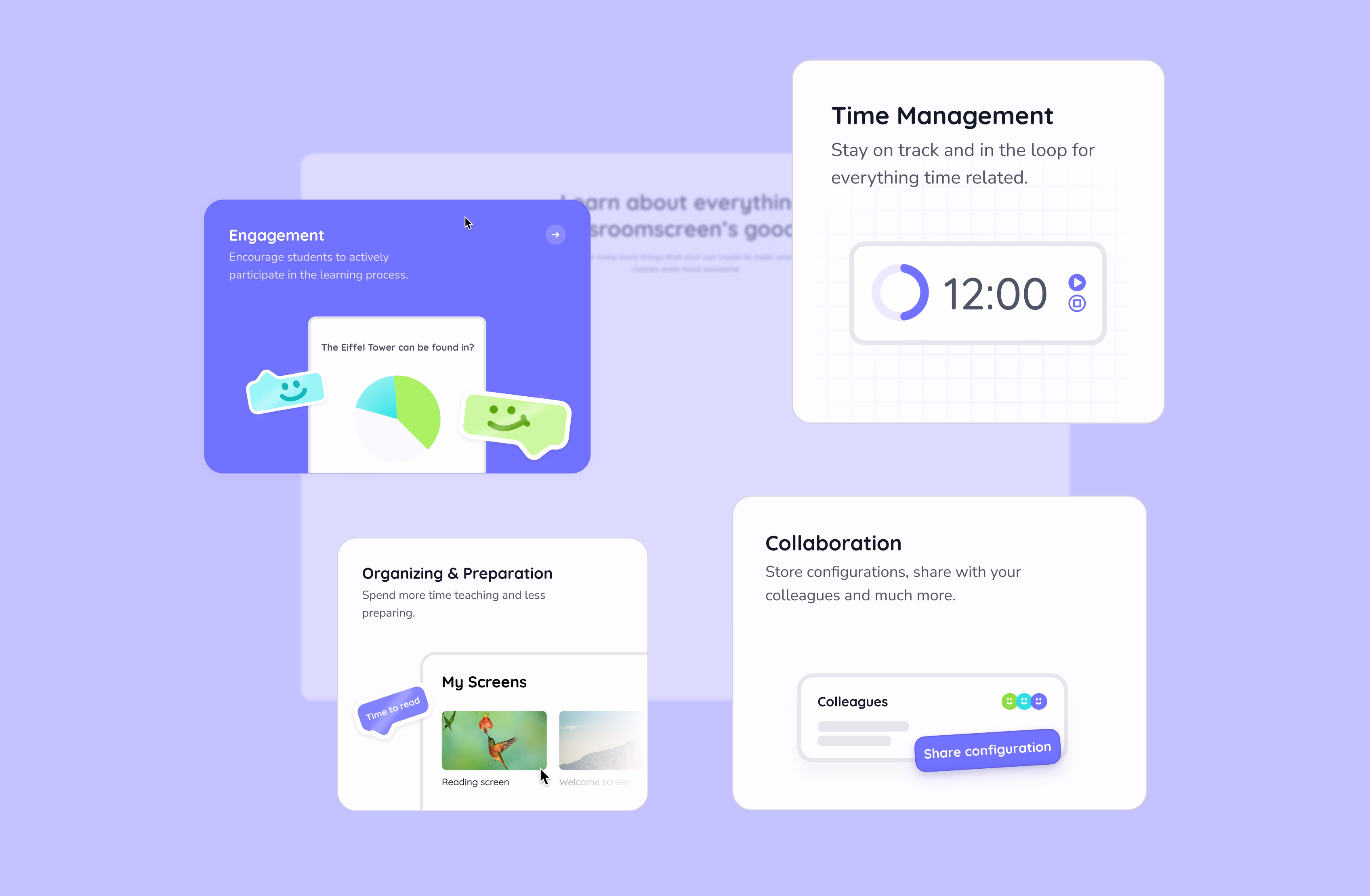 A digital interface with four cards showing concepts: Engagement with a chart and cartoon icons, Organizing with screen previews, Time Management with a clock, and Collaboration with a button labeled "share configuration.
