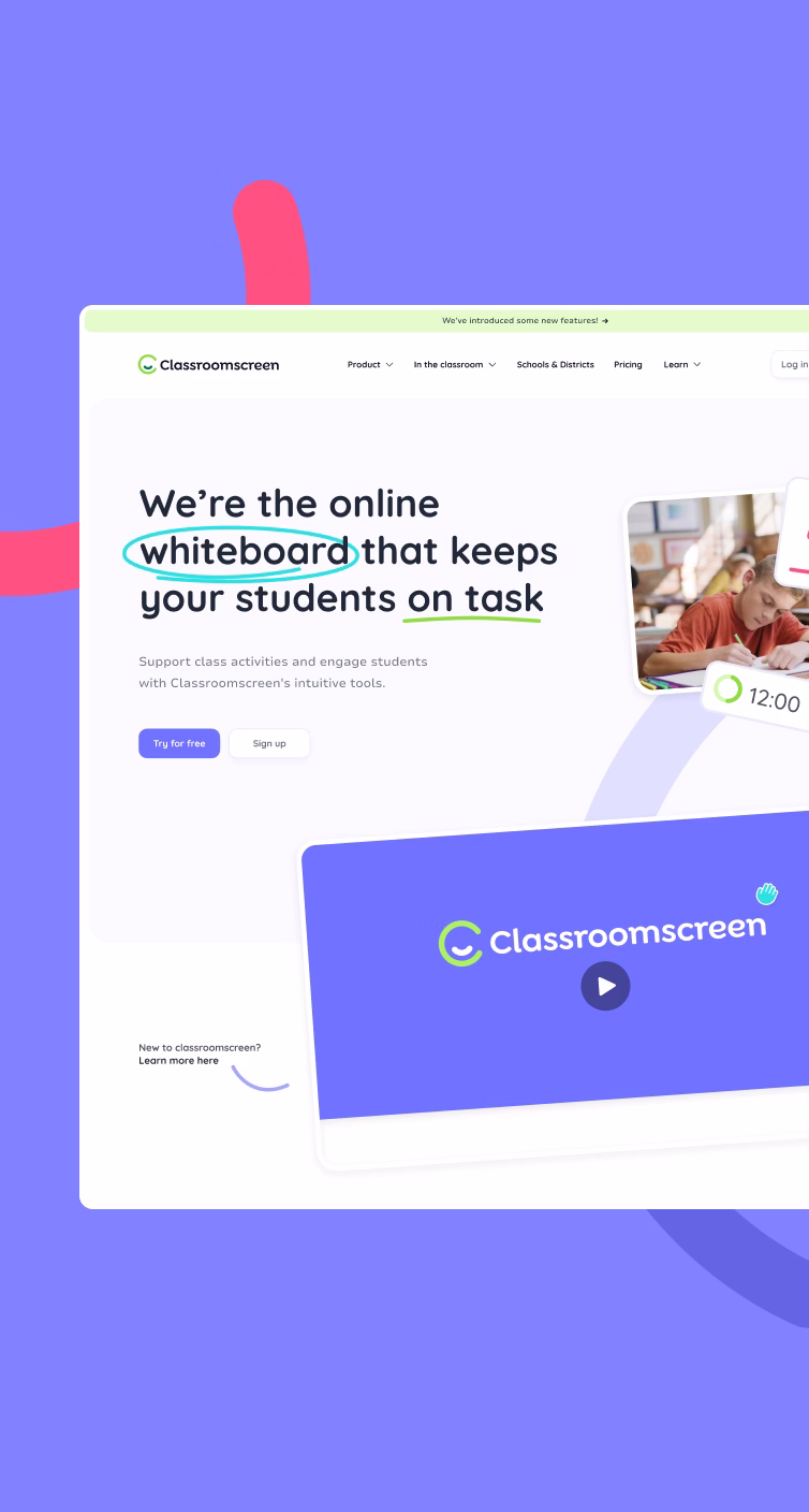 Screenshot of the Classroomscreen website homepage, featuring the headline "We’re the online whiteboard that keeps your students on task" with a photo of a student working and interface elements like a noise meter and digital clock.Screenshot of the Classroomscreen website homepage, featuring the headline "We’re the online whiteboard that keeps your students on task" with a photo of a student working and interface elements like a noise meter and digital clock.
