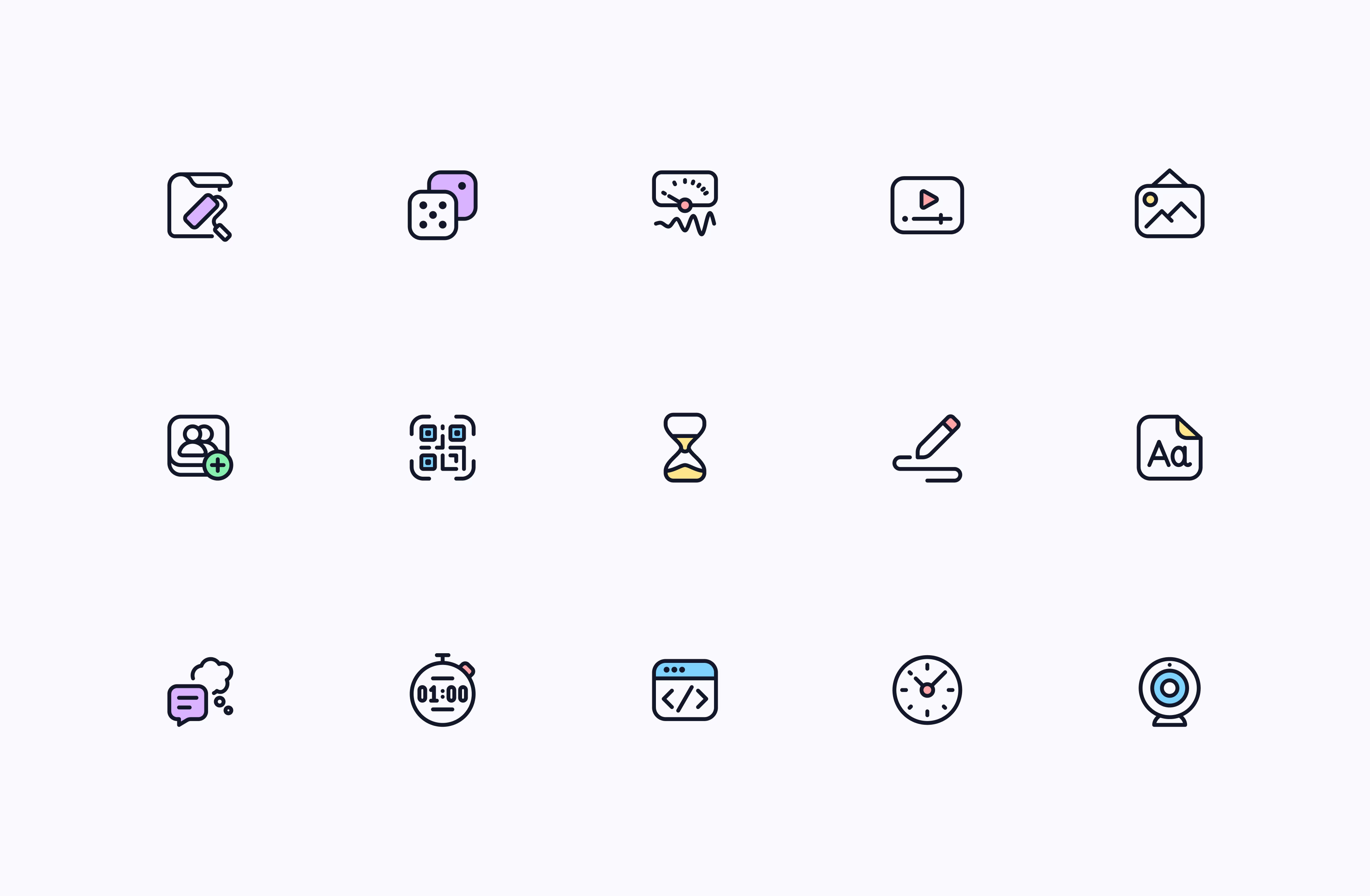 A grid of sixteen small, colorful icons on a light gray background, including a paint roller, dice, brain, play button, image, user with plus sign, QR code, hourglass, pen, document, chat bubble, timer, code window, clock, and target.