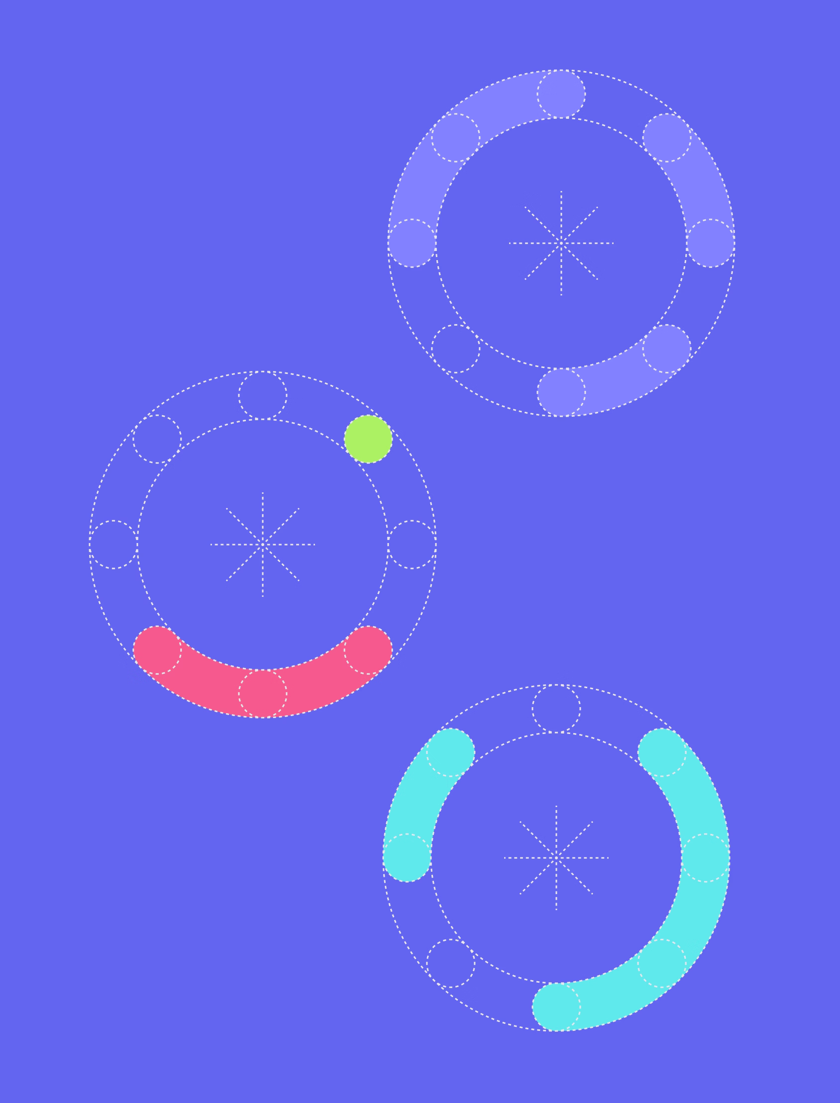 Three dotted circles each contain an inner starburst and eight outer smaller circles. The top left circle has one green dot, the bottom left has four red dots, and the bottom right has three cyan dots on a blue background.