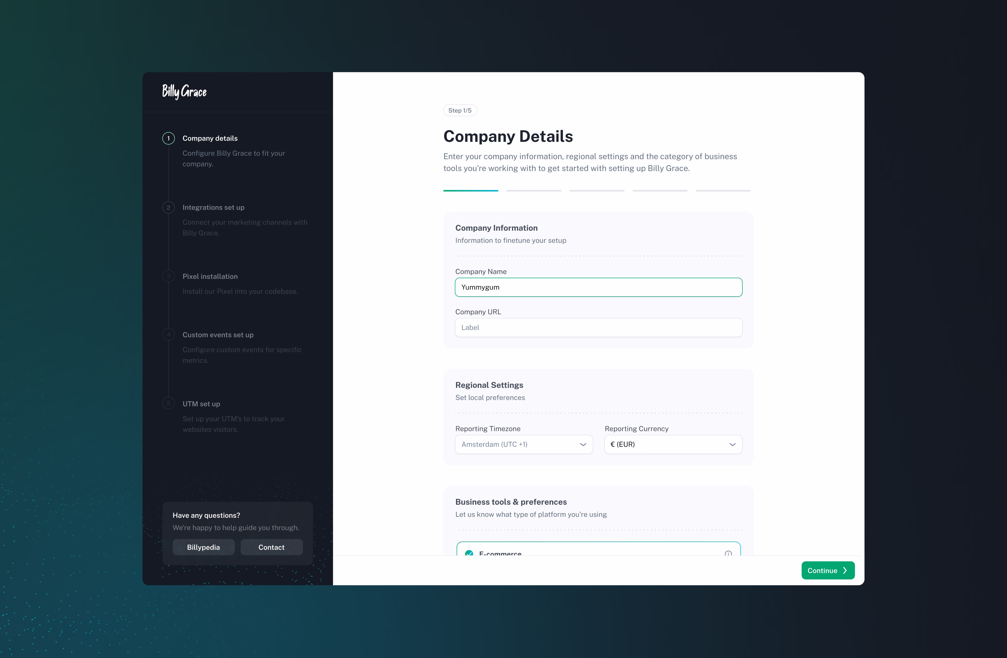 A web interface that shows a form titled "Company Details" asks for company information, regional settings, and business preferences. The left sidebar shows setup steps, with "Company details" highlighted. "Continue" and "Contact" buttons are visible.