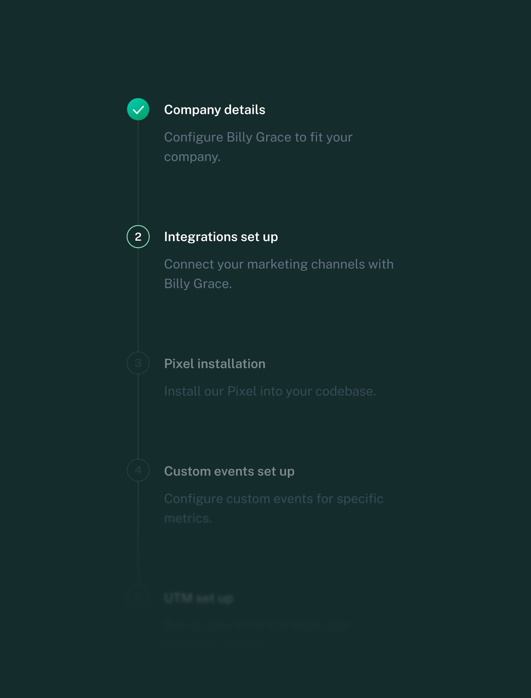 A vertical progress tracker with five steps. The first step, "Company details," is completed. The second step, "Integrations set up," is highlighted. Steps three to five are dimmed and unreadable.