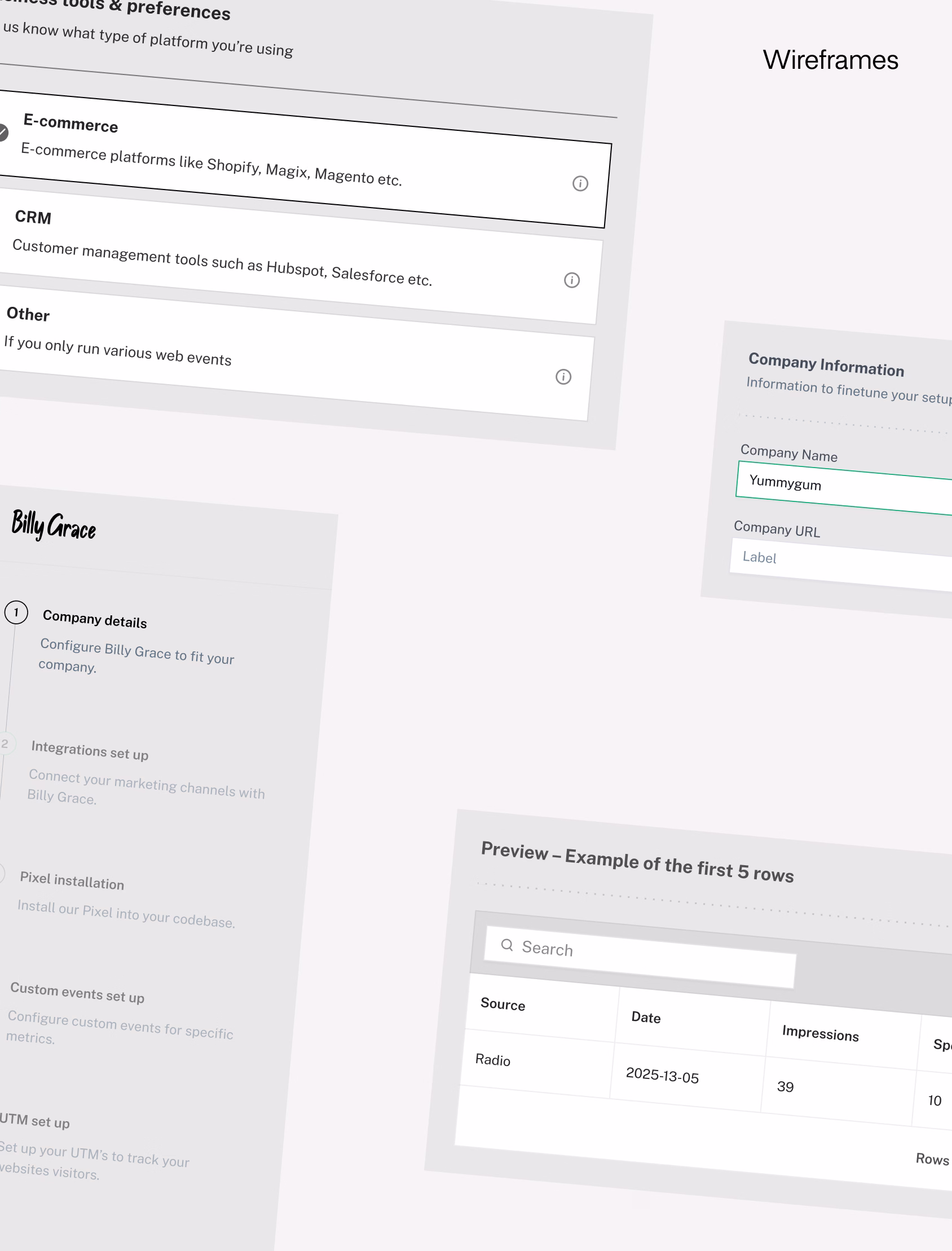 Wireframe design of a web interface showing options for e-commerce and CRM, form fields for company info, channel setup steps, and a data preview table with ad statistics.