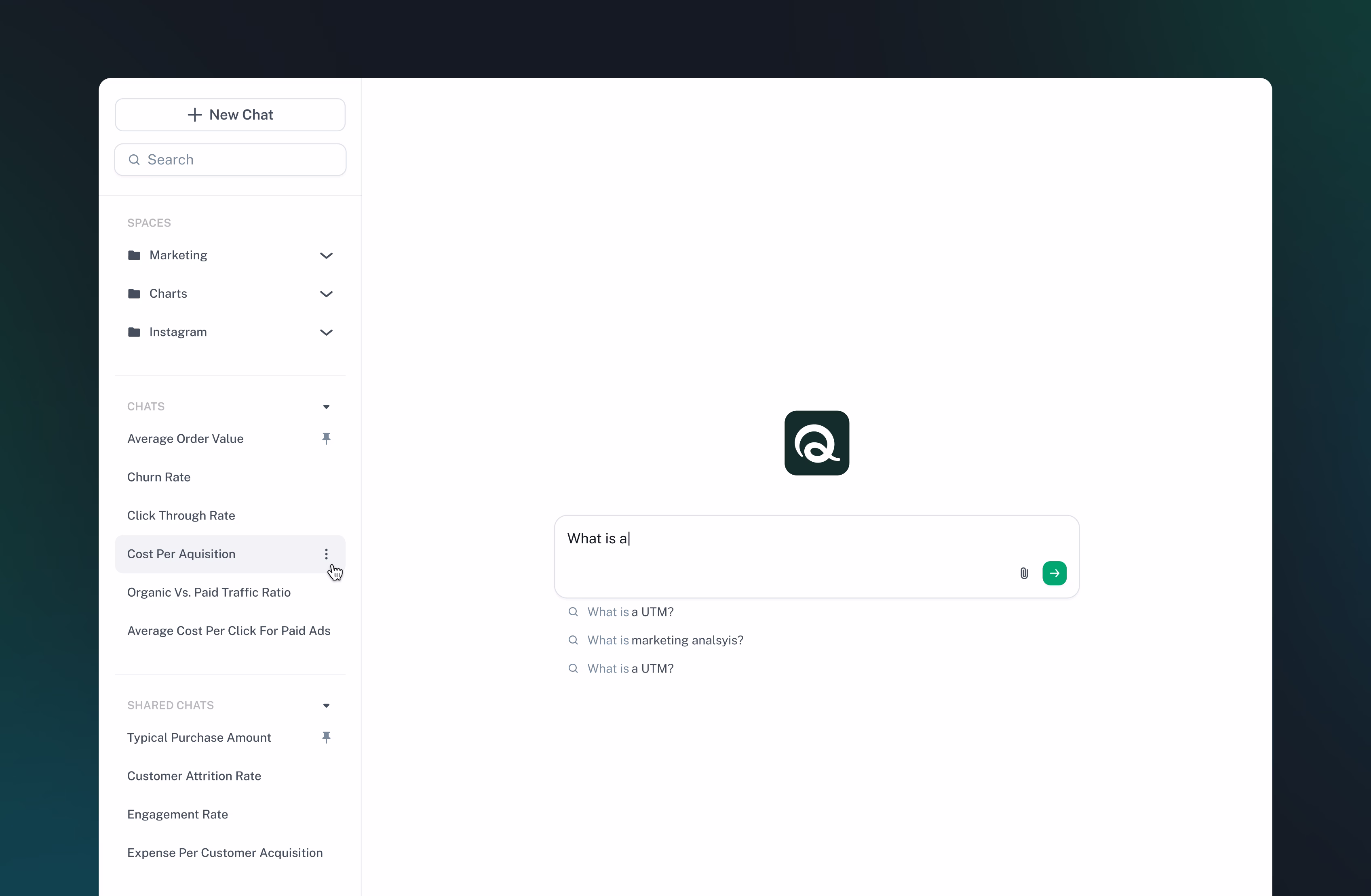 A dashboard interface displays a search bar with the question "What is a utm?" and suggested related questions. The left sidebar lists categories like Marketing, Charts, and Integrations, along with chat topics and shared data.