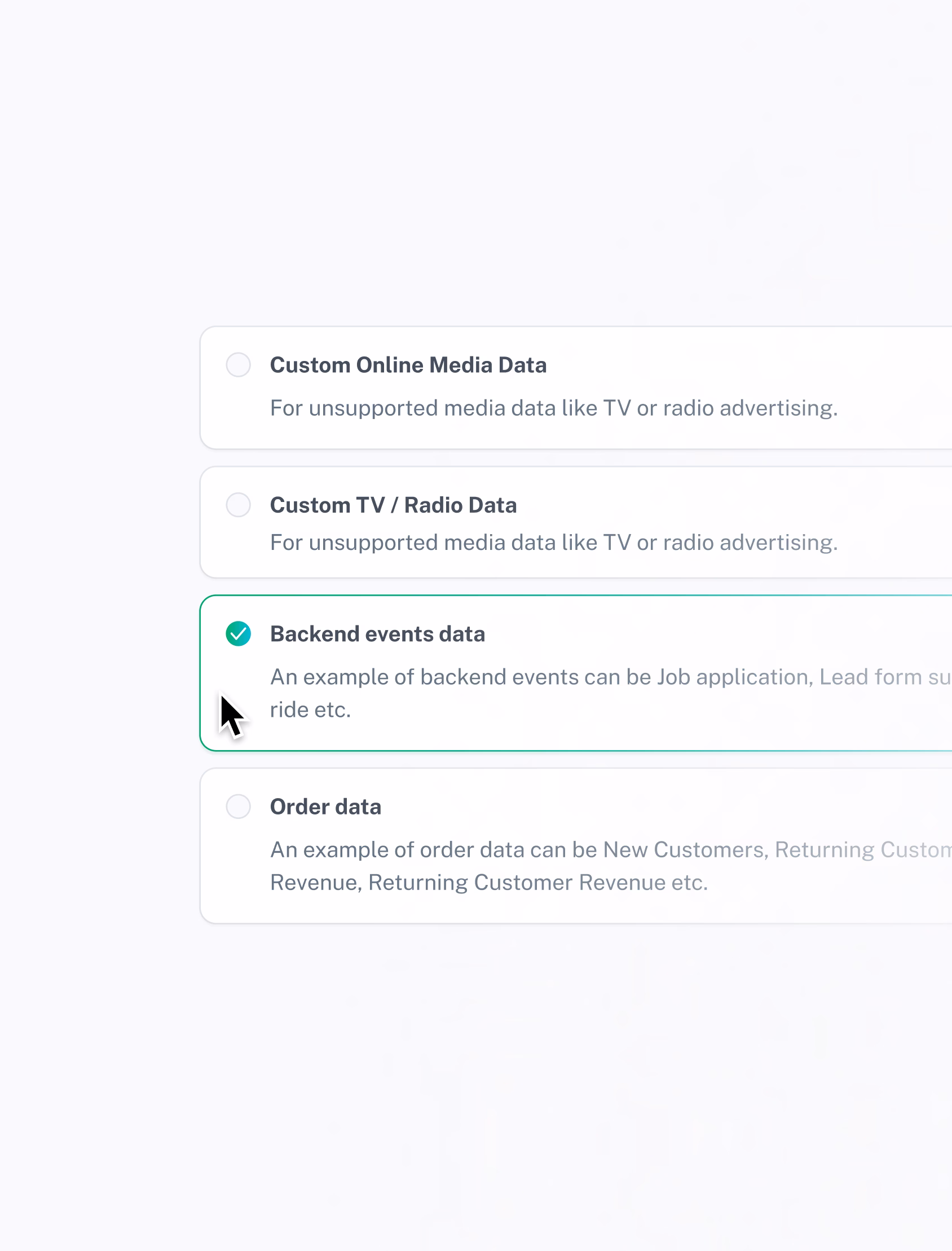 A cursor selects the "Backend events data" option in a list of data types, highlighting it with a green check. Other options include "Custom Online Media Data," "Custom TV / Radio Data," and "Order data.