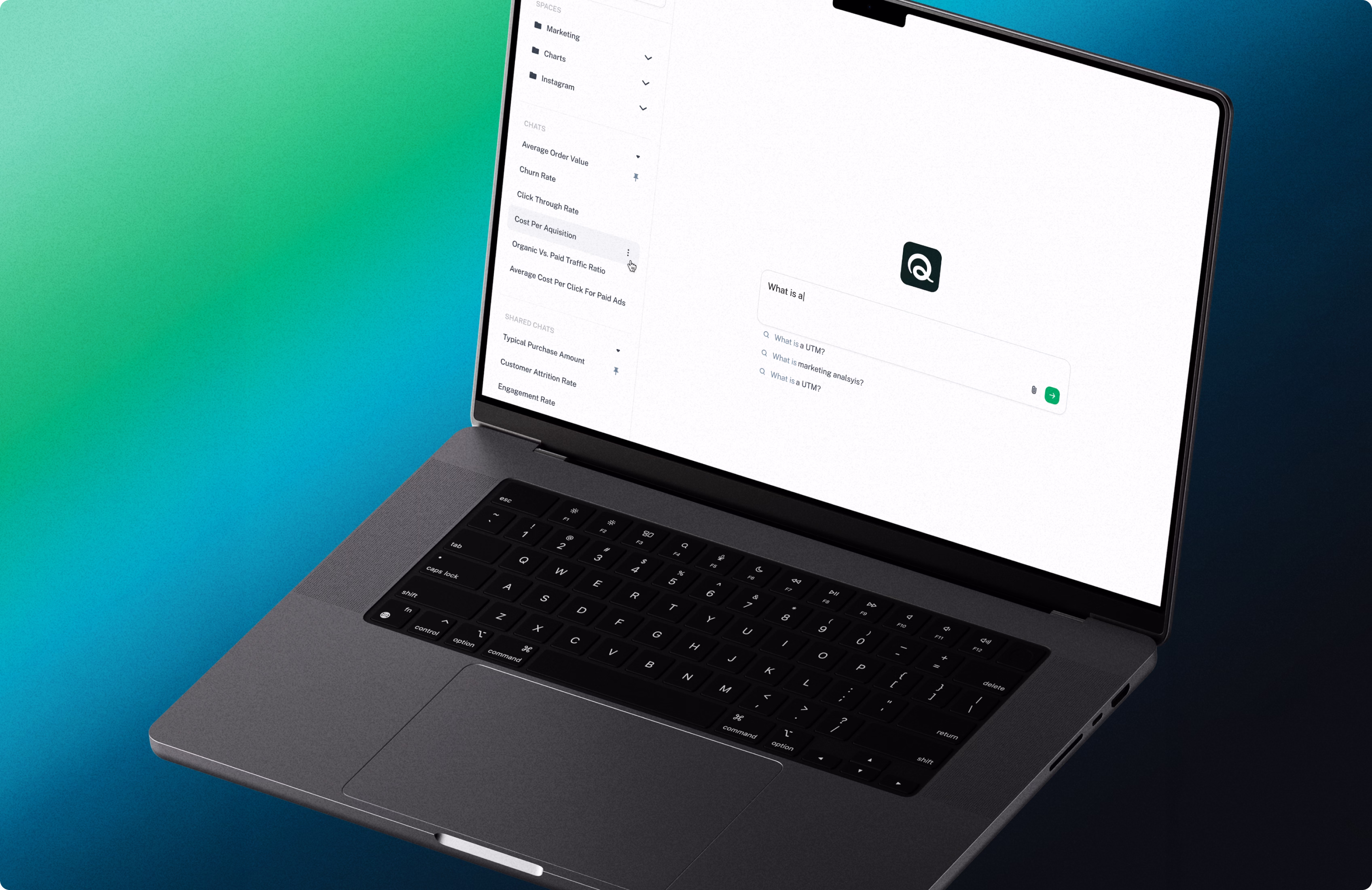 A sleek black laptop displays a settings or configuration page with a search box on the screen, set against a blue and green gradient background.