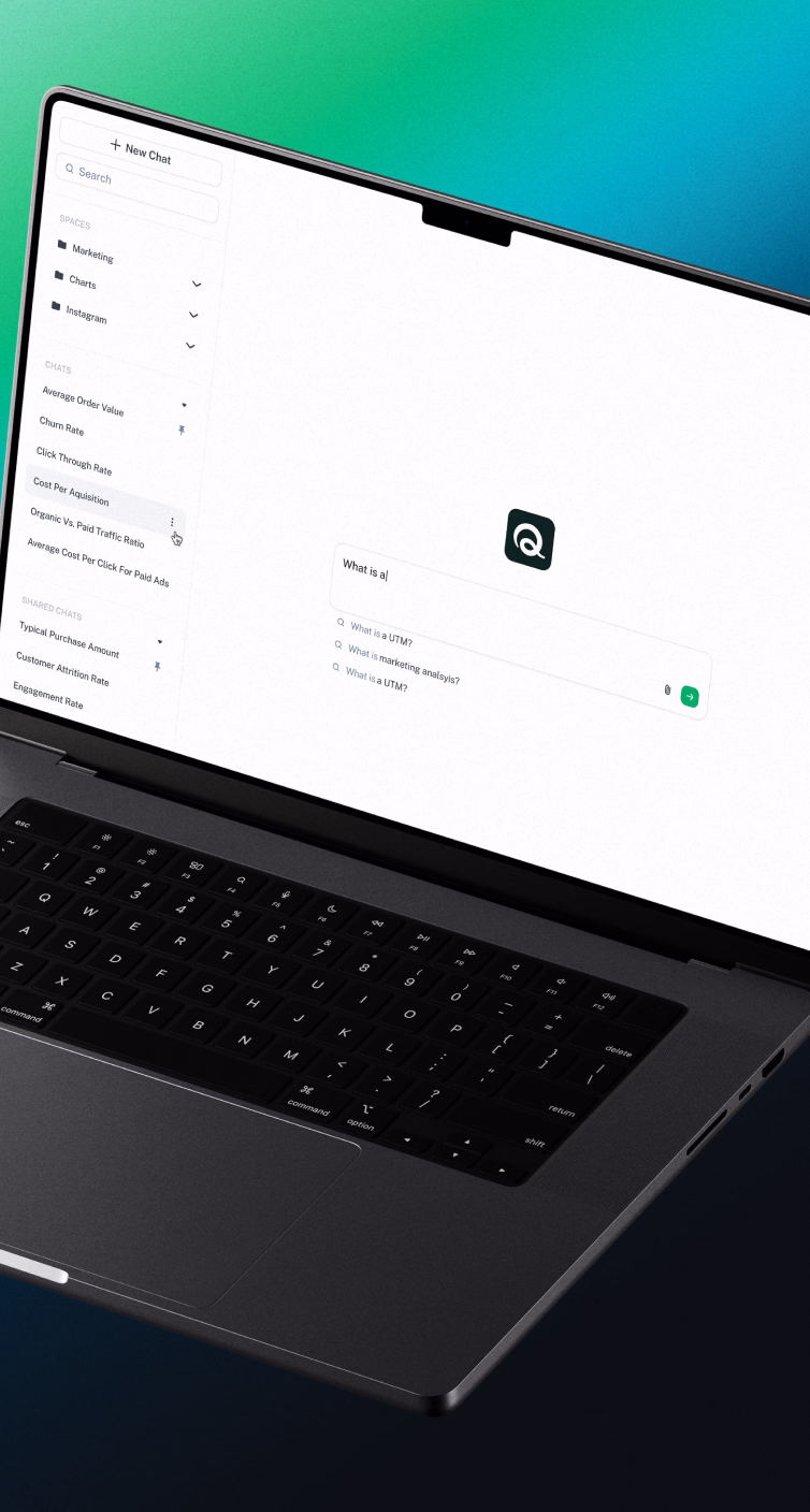 A sleek black laptop displays a settings or configuration page with a search box on the screen, set against a blue and green gradient background.