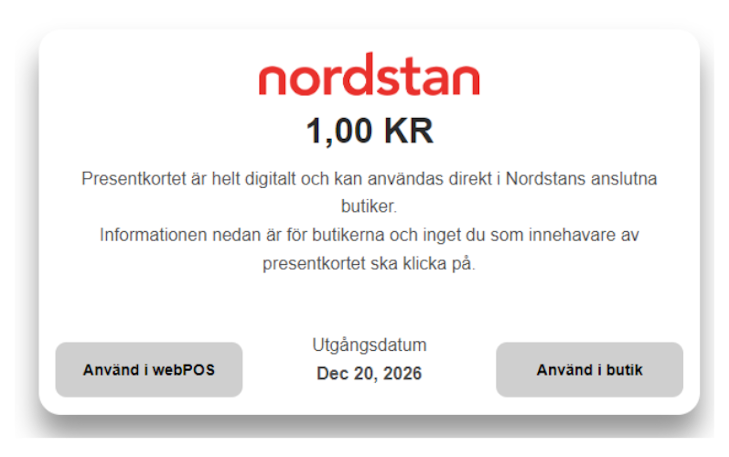 Nordstans digitala presentkort exempel